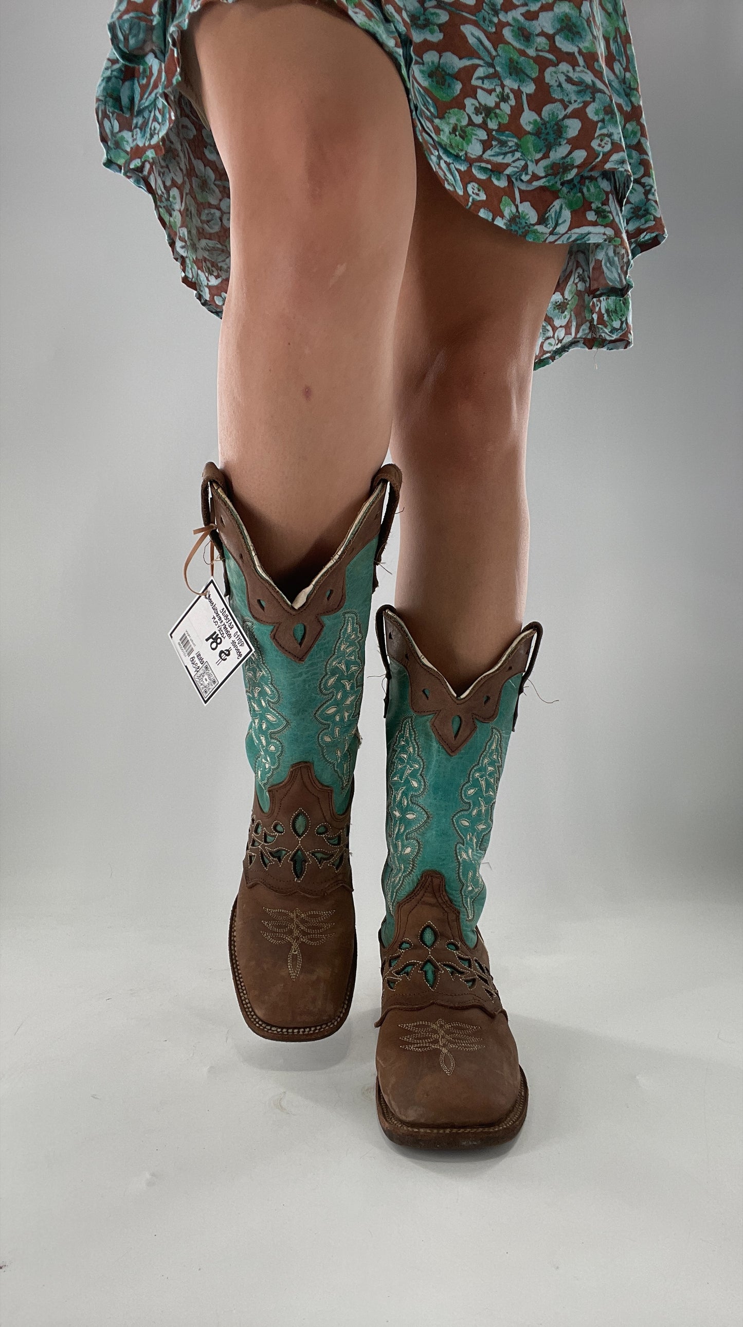 Porto Rebelde Turquoise Blue and Brown Leather Lazer Cut Embroidered Boots (6.5)