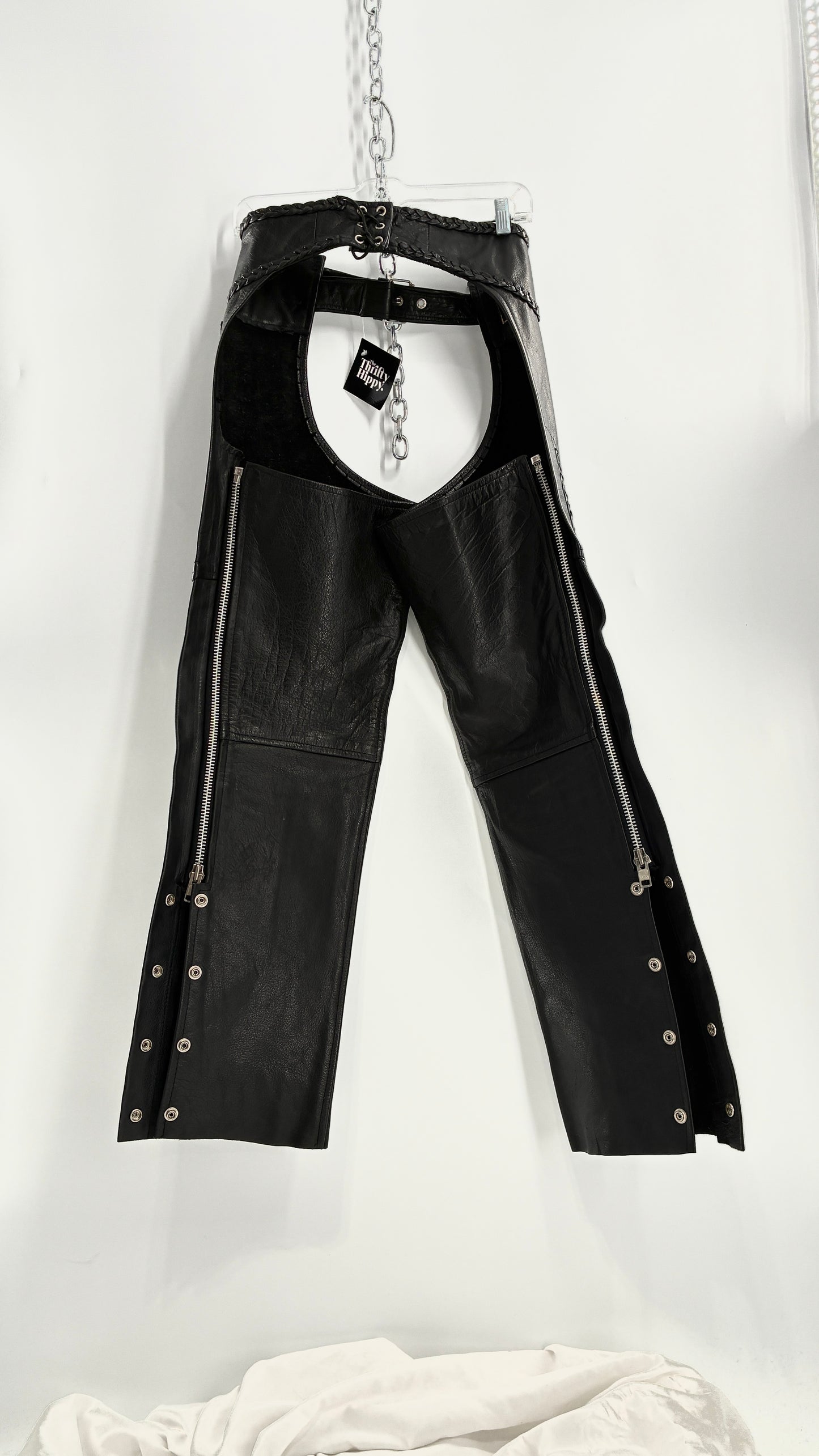 Vintage AMERICAN LEATHER Black Motorcycle Chaps/Pants with Mini Pocket, and Side Zipper Detailing (XS)