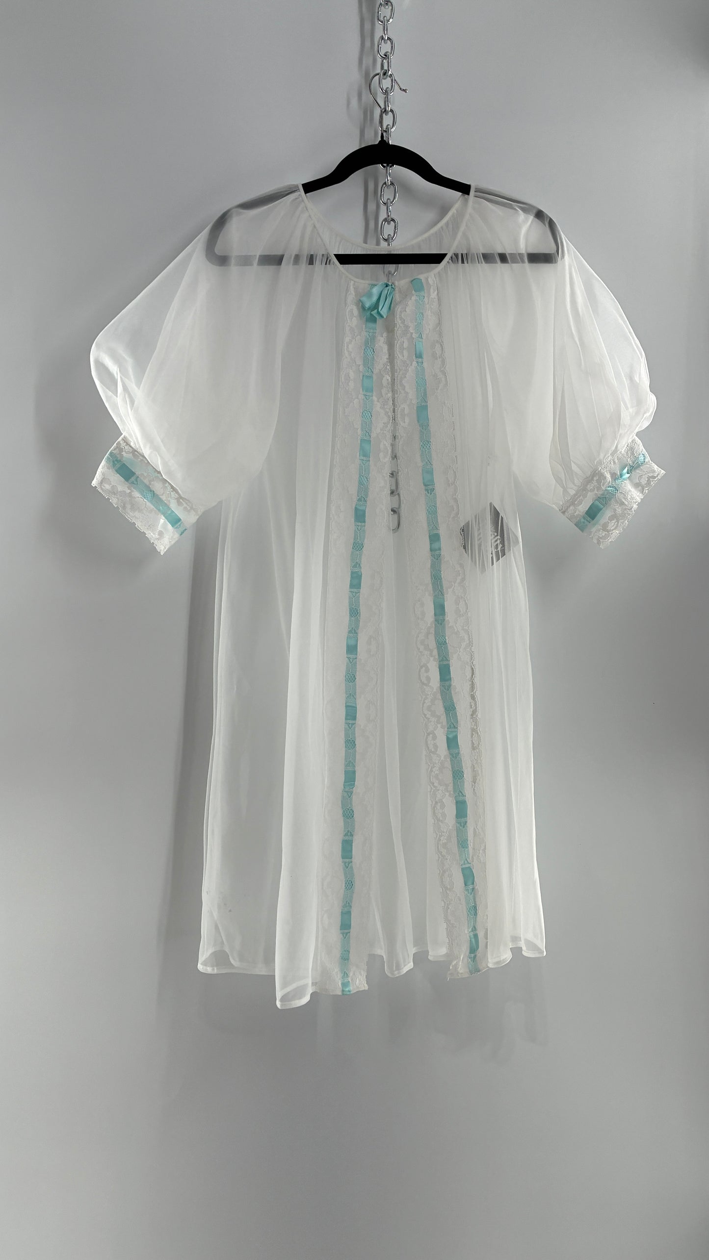 Vintage White Tulle Dress Cape with Oversized Puff Sleeves, Lined with Lace and Baby Blue Ribbon Trim (Medium)