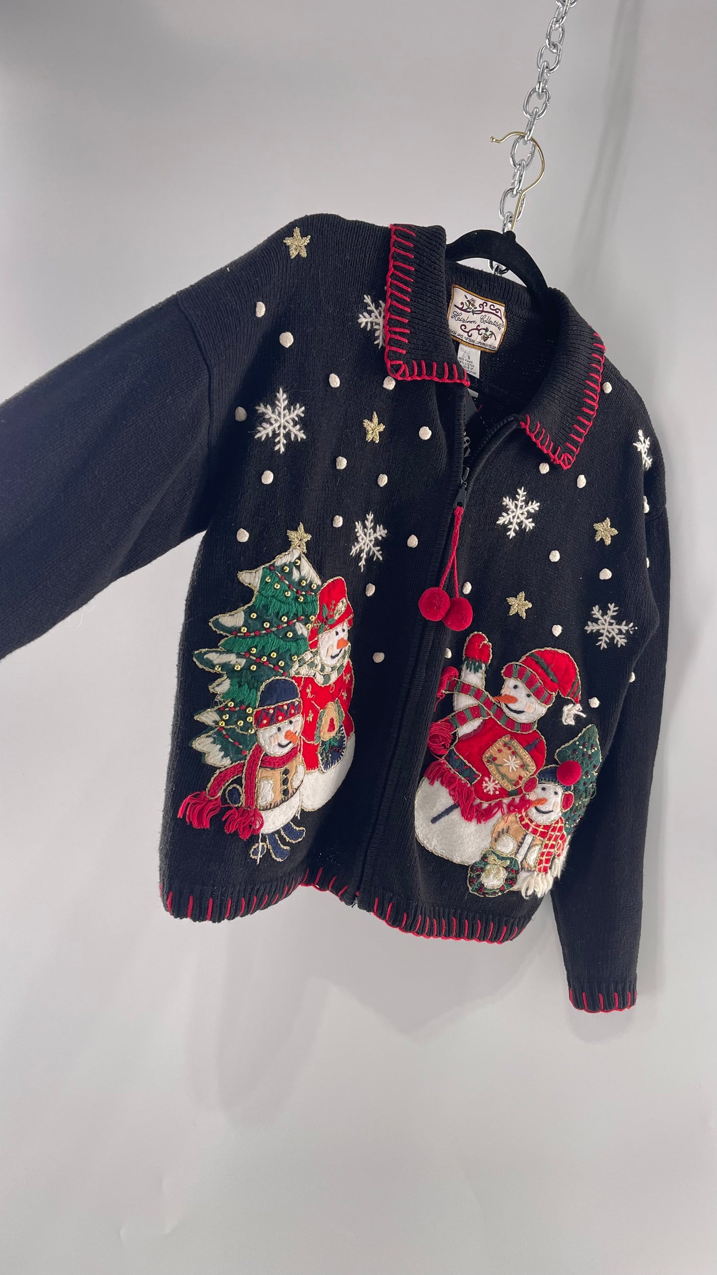 Vintage Reworked Urban Outfitters Heirloom Christmas Cardigan with Festive Snowmen Embroidery, Snowflakes, Christmas Tree and PomPom Zipper Detail (S)