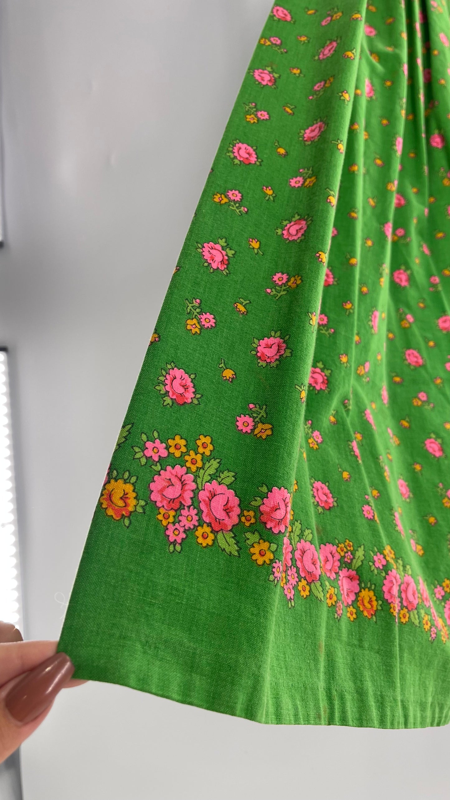 Vintage Imported Cotton Kelly Green Skirt with Pink Roses (XS)