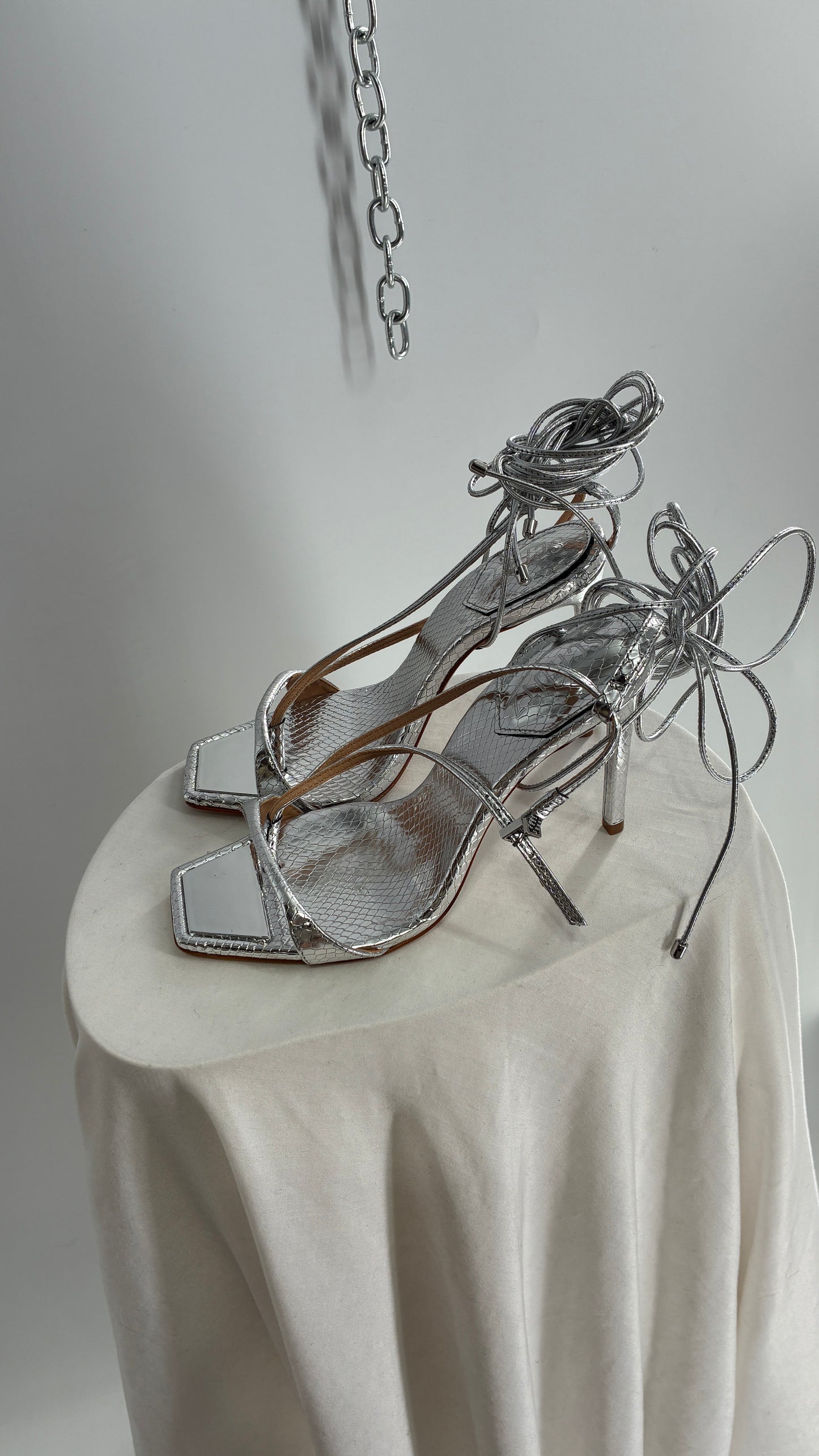 SCHÜTZ Silver Angular Tie Up Heels with Mirror Toe Detail (7)