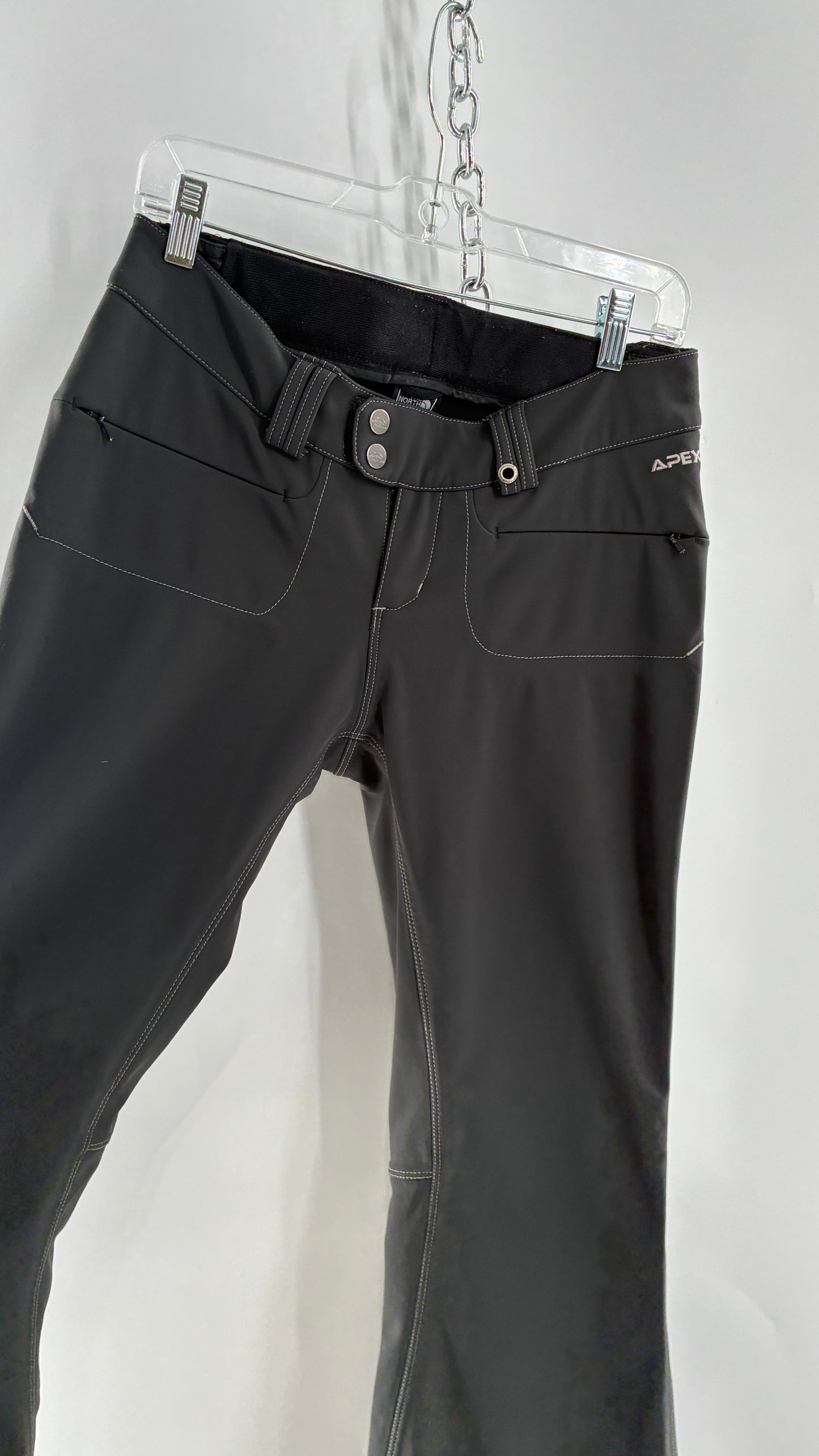 Vintage North Face Dark Gray, Low Rise, Kick Flare Pants with Contrast Stitching, Side Closure and Oversized Bum Pockets (Small)