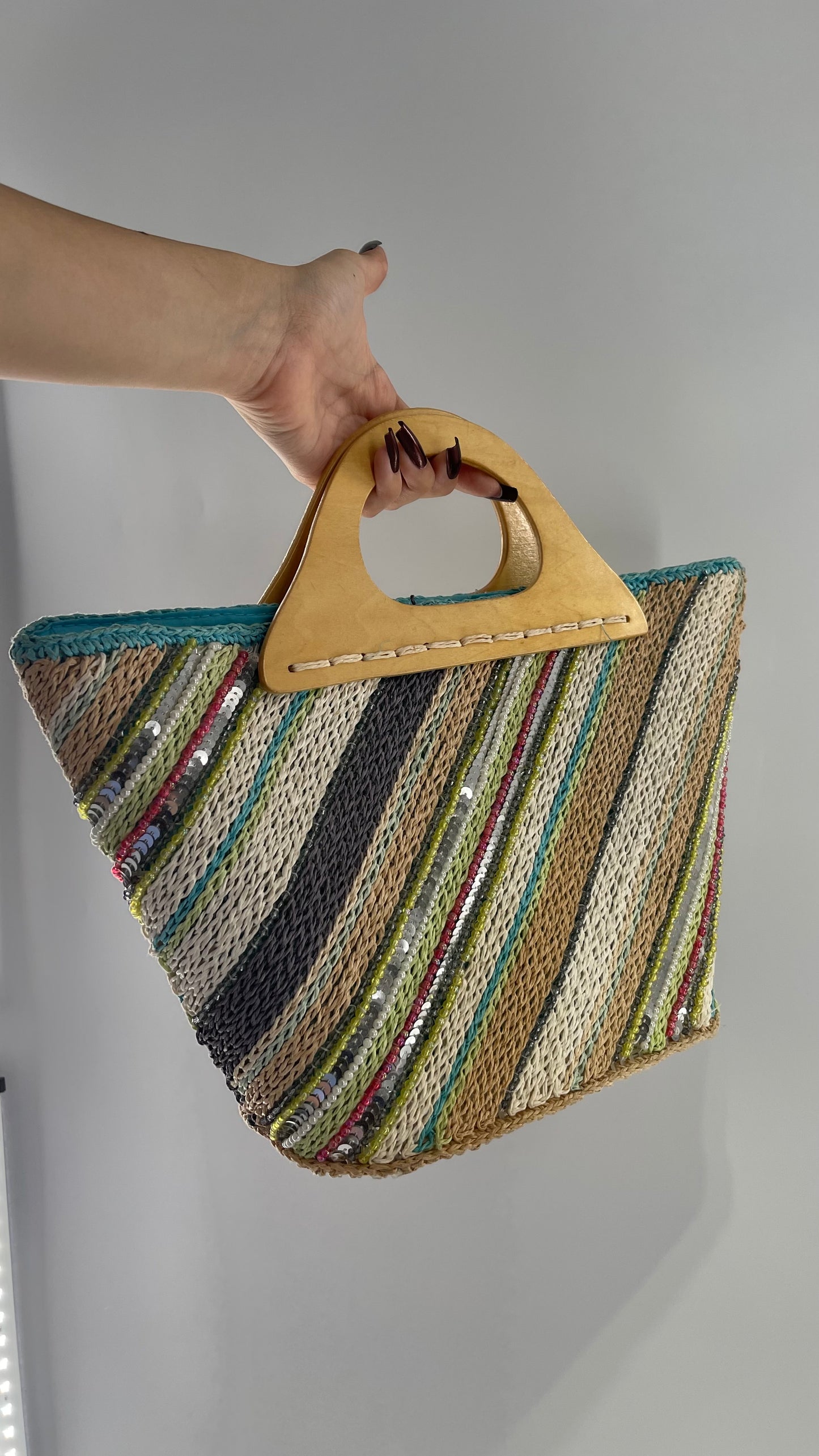 Vintage Woven Straw Purse with Sequins and Beaded Details