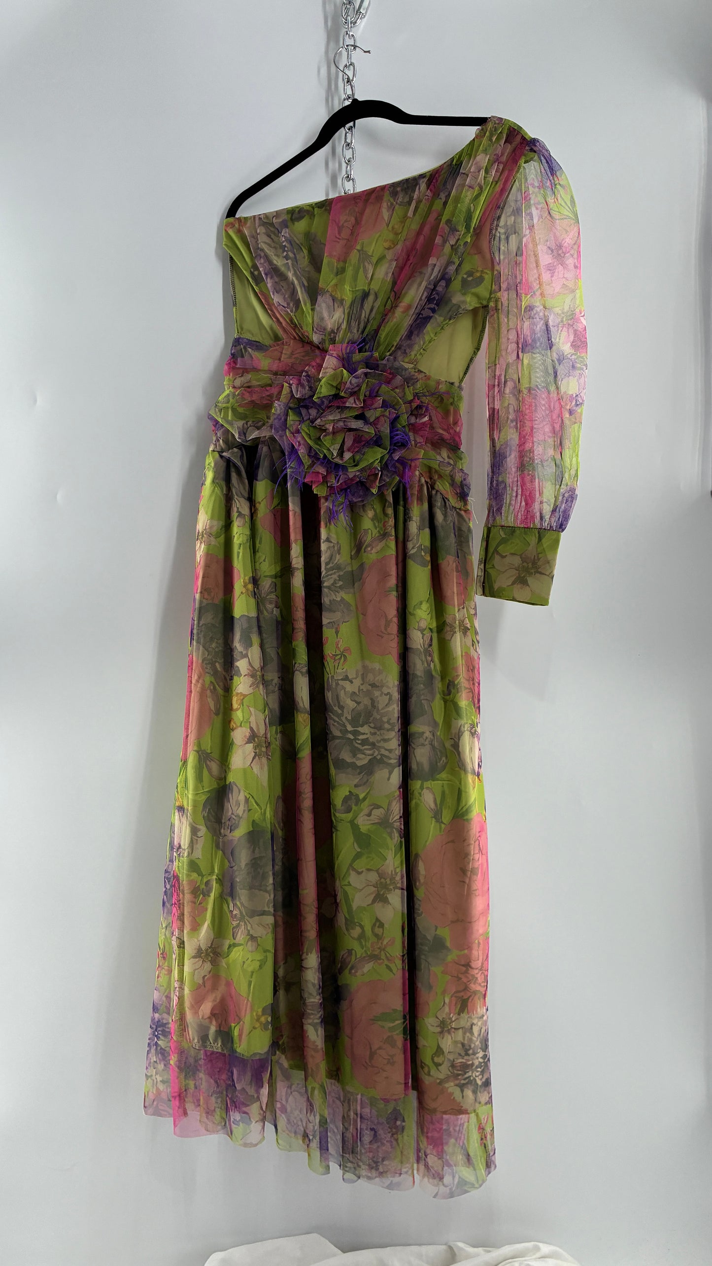 Vintage Open Waist Gown with Oversized Feathered Appliqué Rosette (Large)