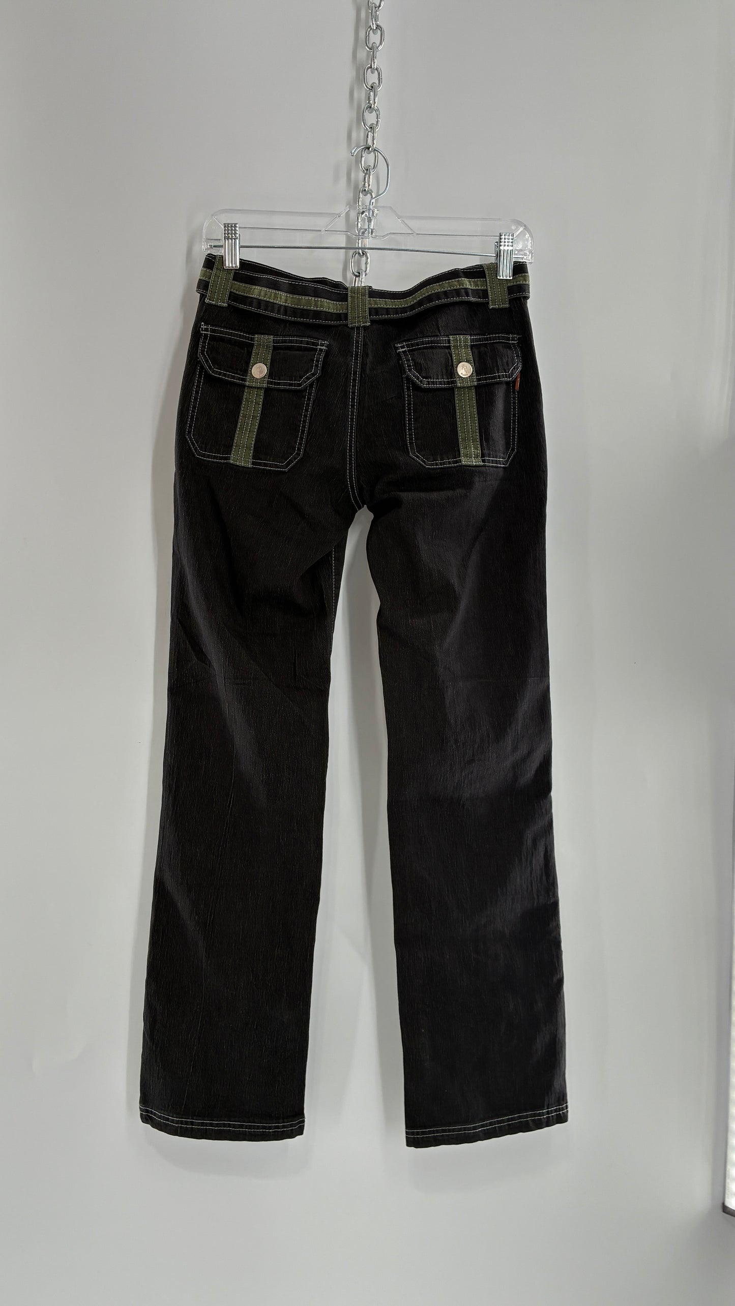 Vintage PALMY NOBLE Dark Wash Low Rise Denim with Green Details and Built in Belt (7/8)