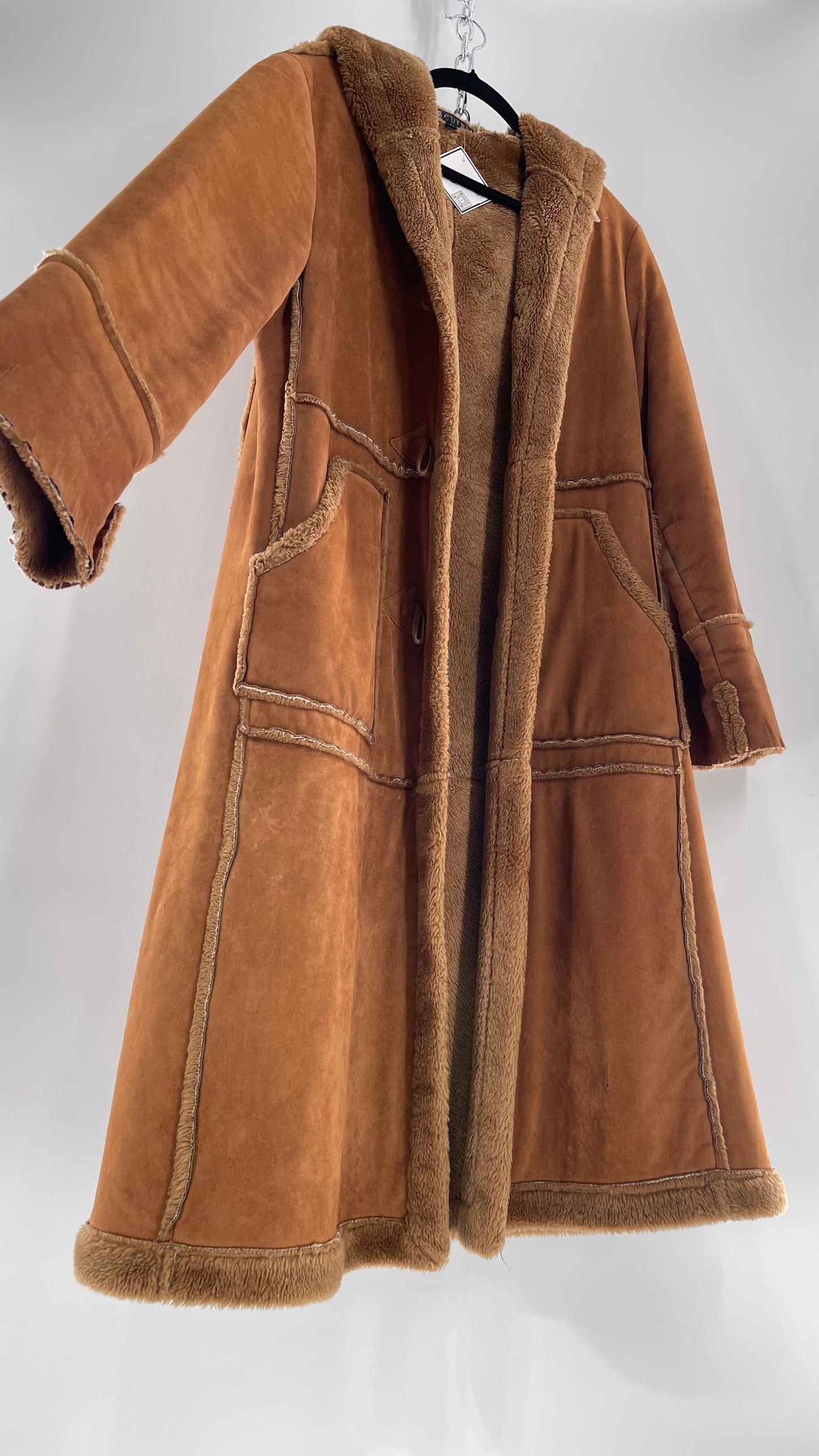 Vintage Faux Suede Long Hooded Coat with Fur Trim/Piping (C)(Medium)