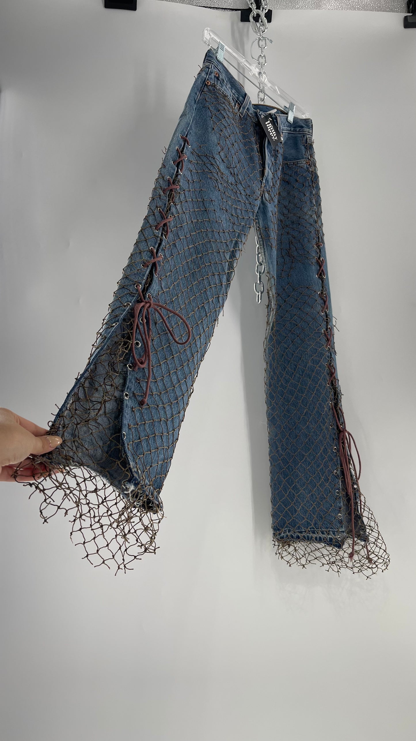 Custom - Fishnet Levi’s with Grommets and Lace Up Sides (Waist 29 Length 30) Fits Like a 26*