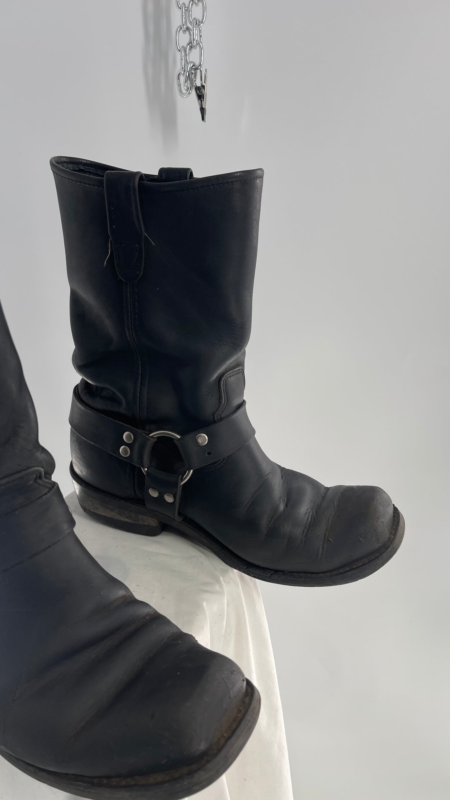 Vintage SIERRA Black Heavy Duty Sloppy Scuffed Distressed Leather Motorcycle Boots (10.5)