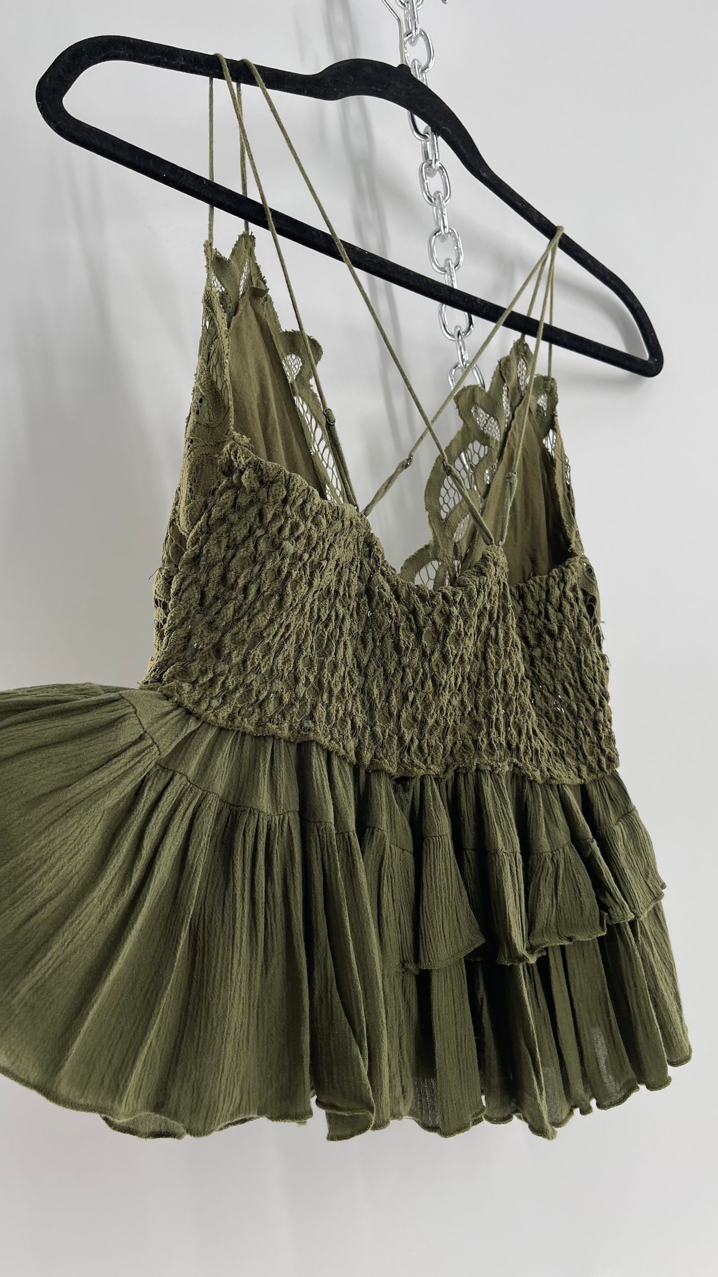 Free People Army Green Lace Bralette Top with Ruffled Hem (Large)