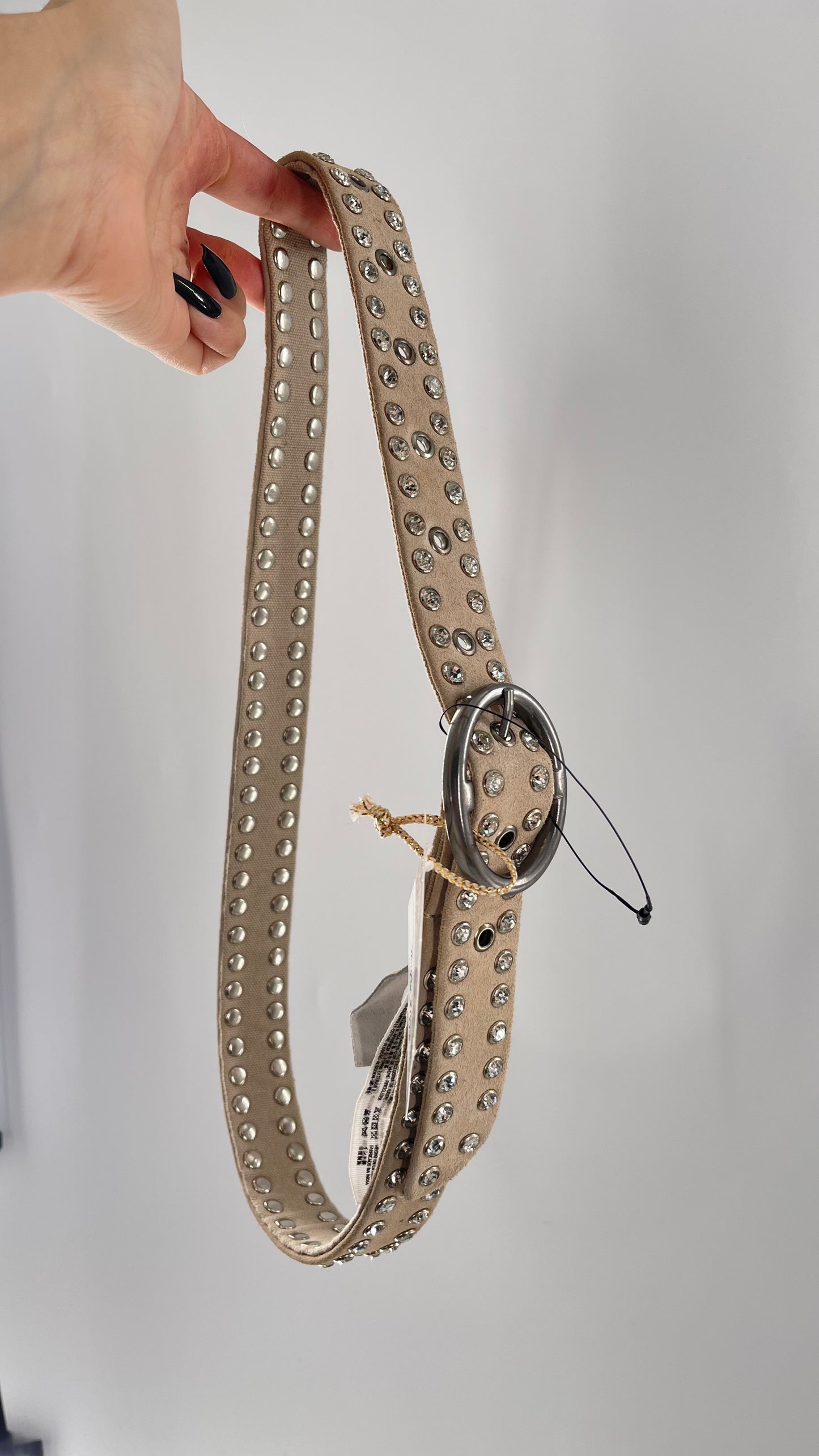 Free People Beige Leather Canvas Studded Rhinestone Crystal Studded Belt with Heavy Metal Buckle (S/M)