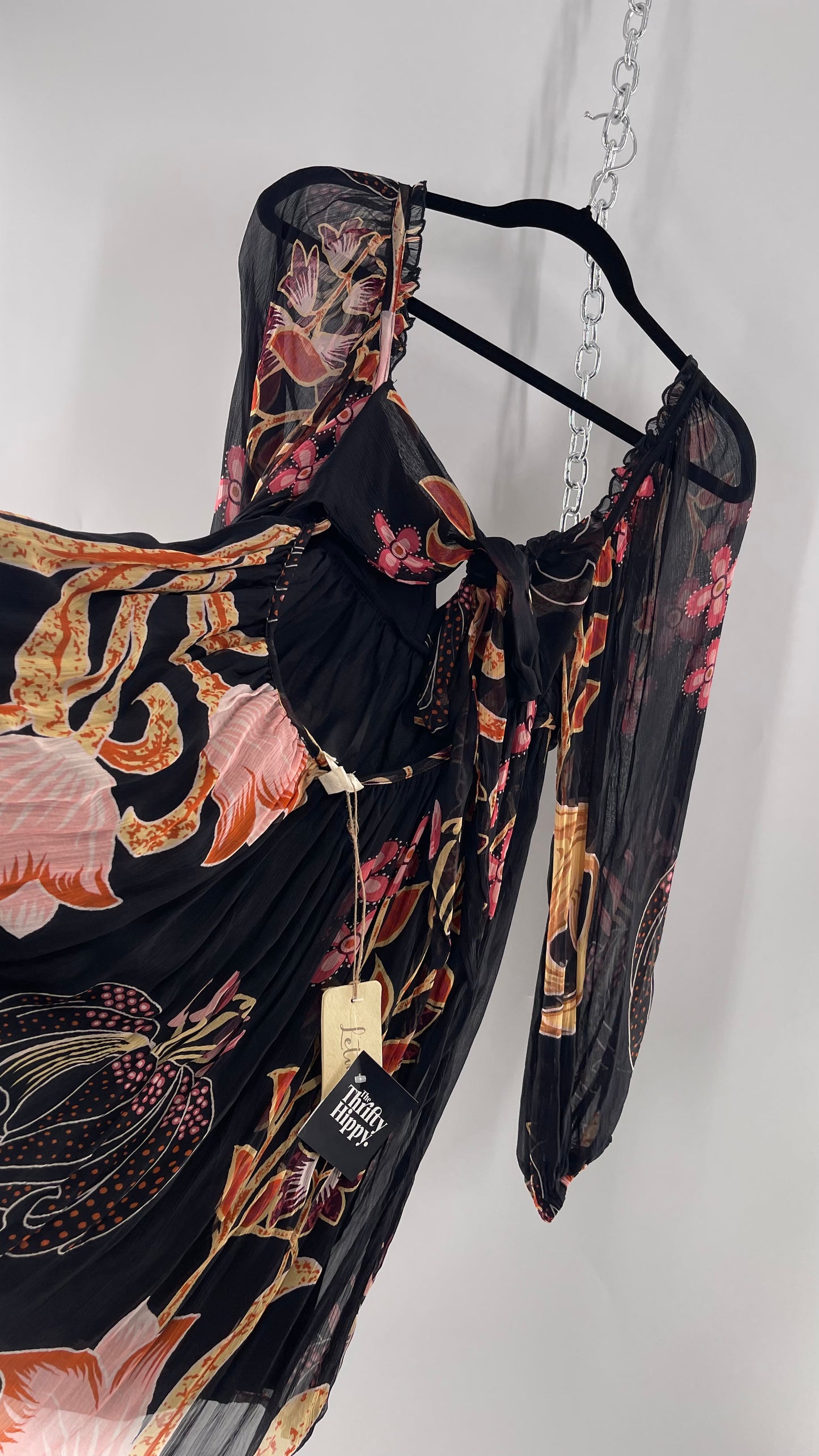 Anthropologie Let Me Be Crimped Black Chiffon Pink Floral Patterned l Dress with Tie/Open Back Detail and Tags Attached (Small)