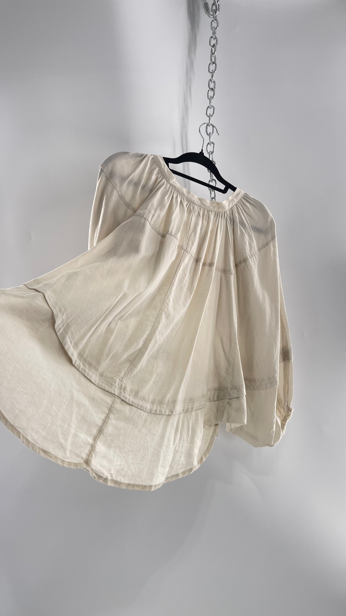 Free People Beige Off White Billow/ Prairie Sleeve Cape Blouse (Small)