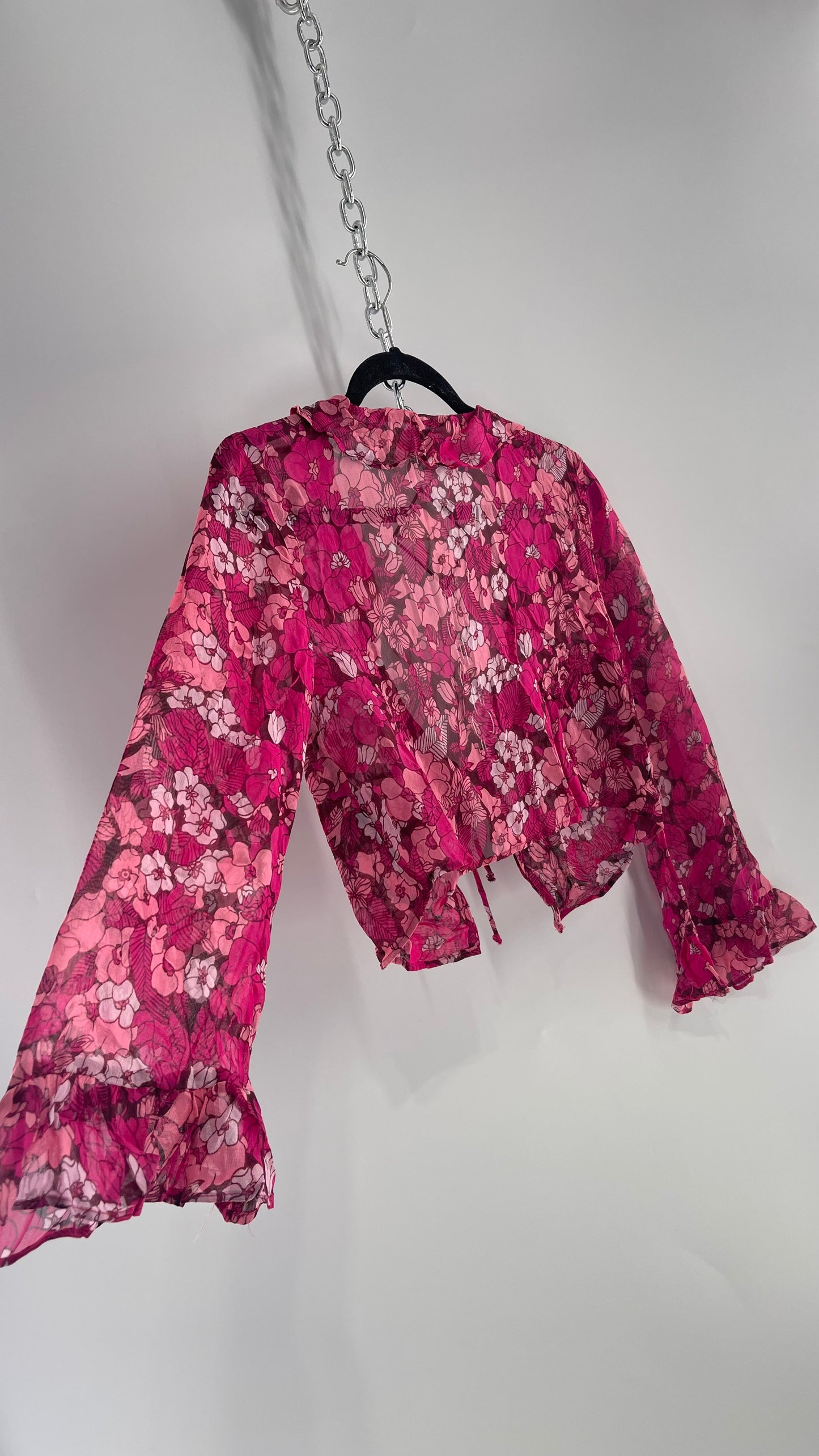 Urban Outfitters Fuchsia 100% Viscose Floral Tie Front, Ruffled Blouse