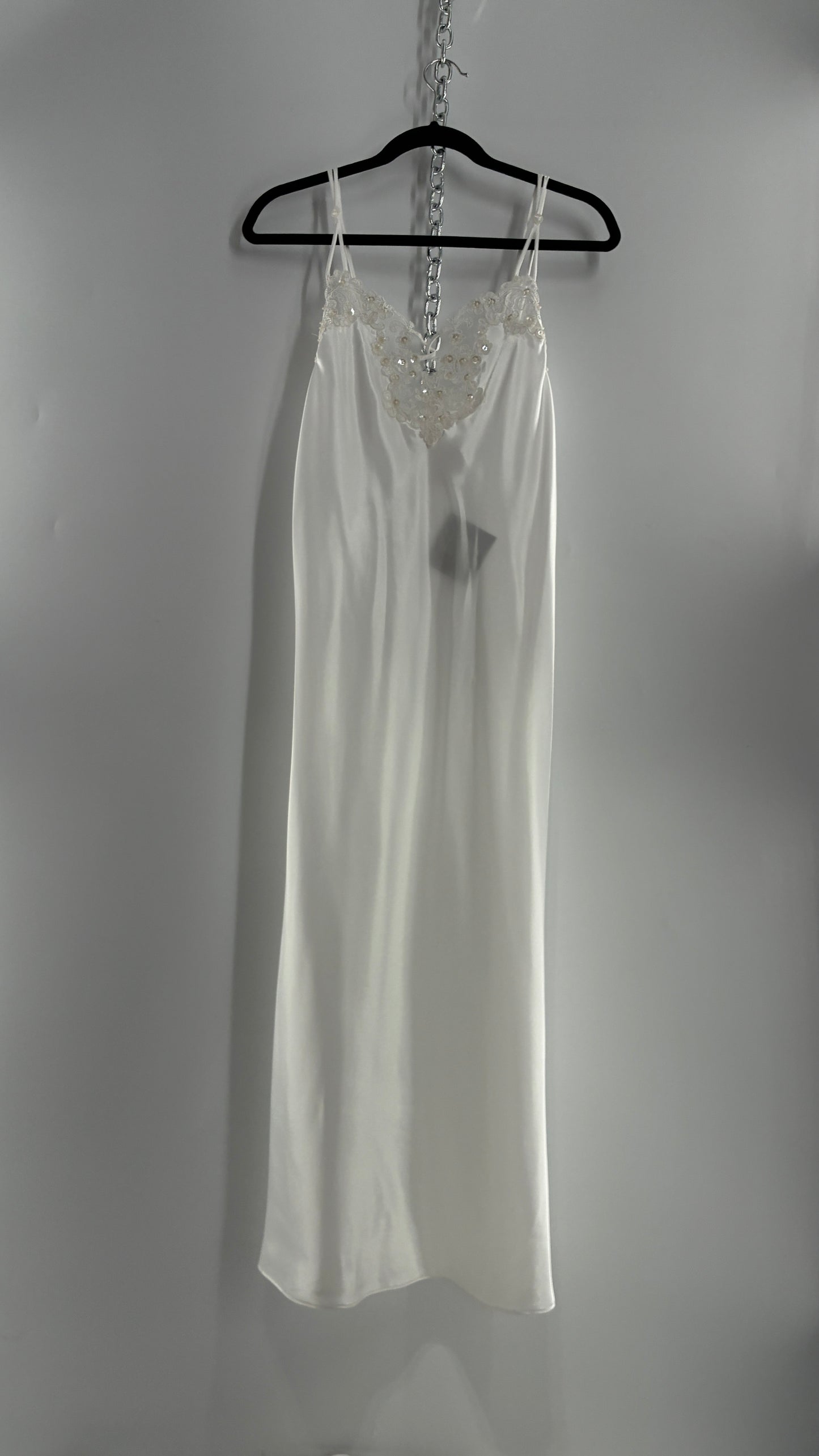 Vintage California Dynasty White Glossy, Silky Night Gown Style Dress with Sequined Lace Bustline (Small)