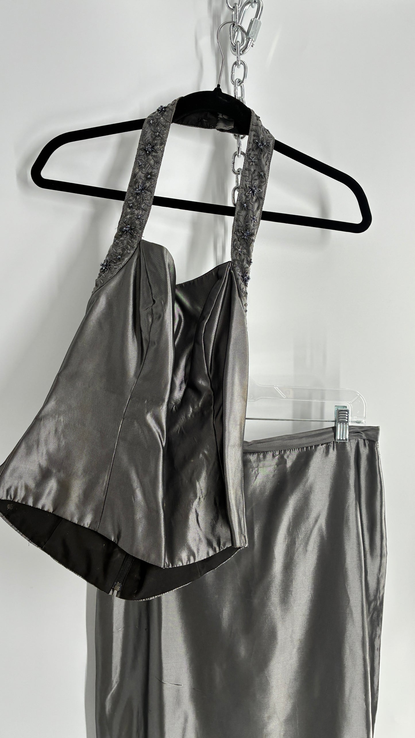 Vintage 1990s Davids Bridal SET Metallic Silver Corseted + Beaded Halter and Full Length Skirt (6Top, 8Skirt)