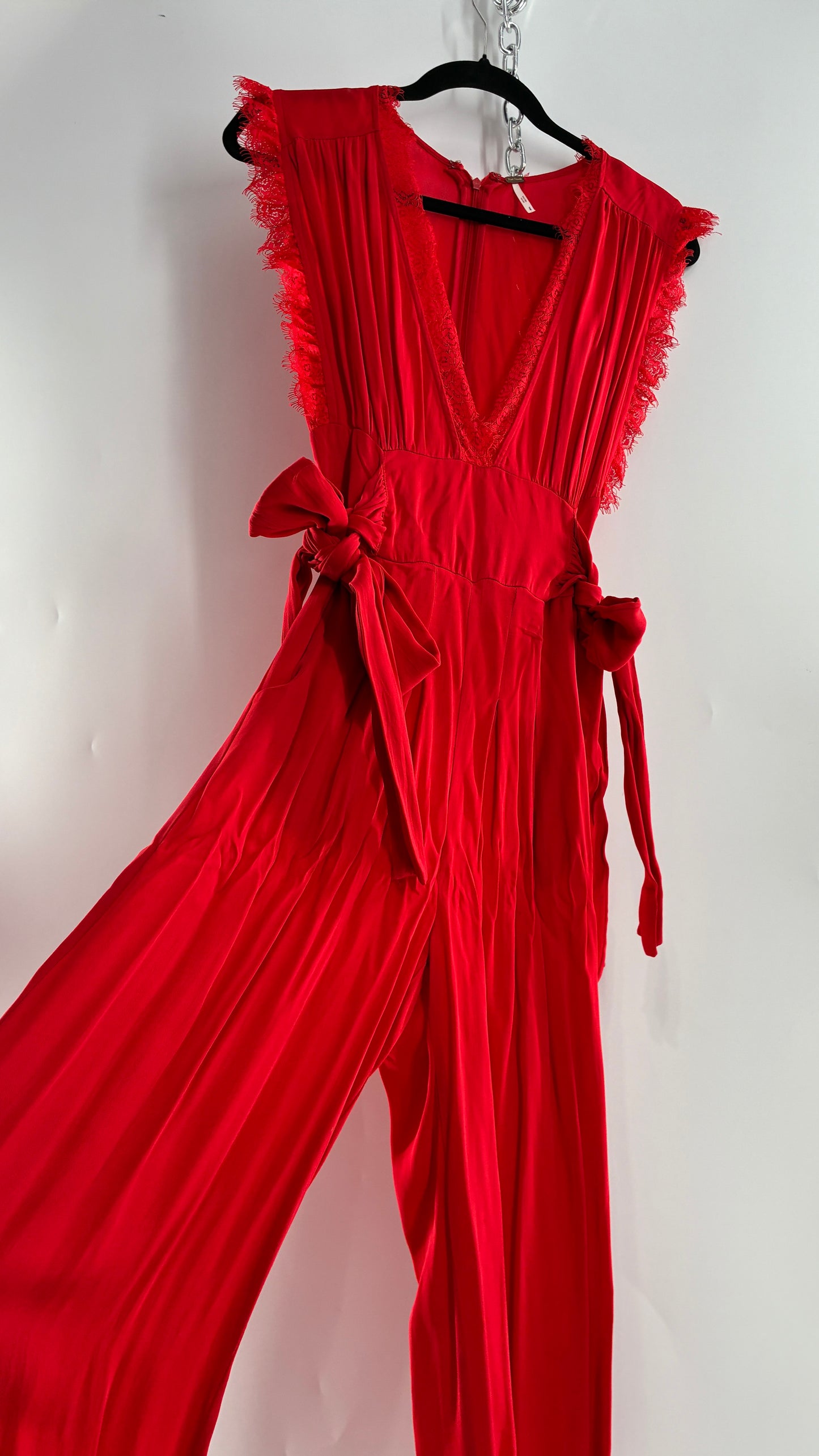 Free People Red Jumpsuit with Waist Ties and Scalloped Lace Details (2)