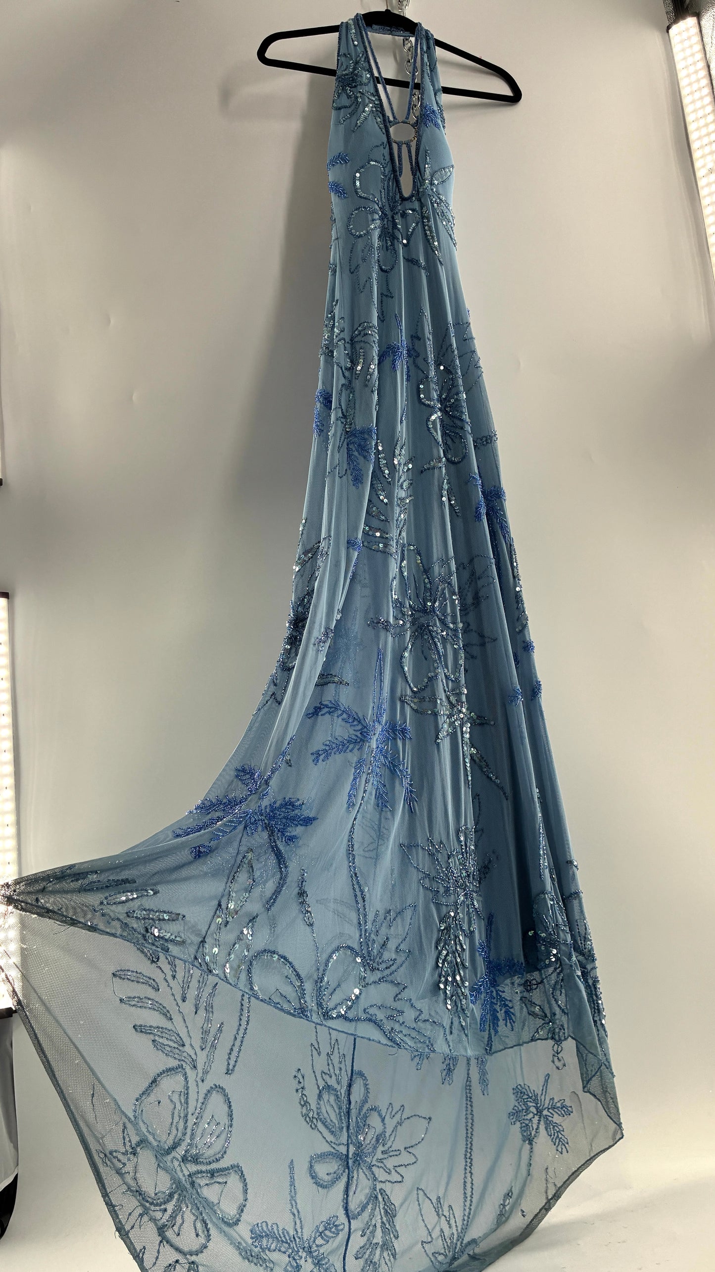 Vintage 1990s Powder Blue Gown Covered in Beaded Appliqué Tropical Designs with Strappy Bust and Low, Open Back (S/M, stretchy no size marked)