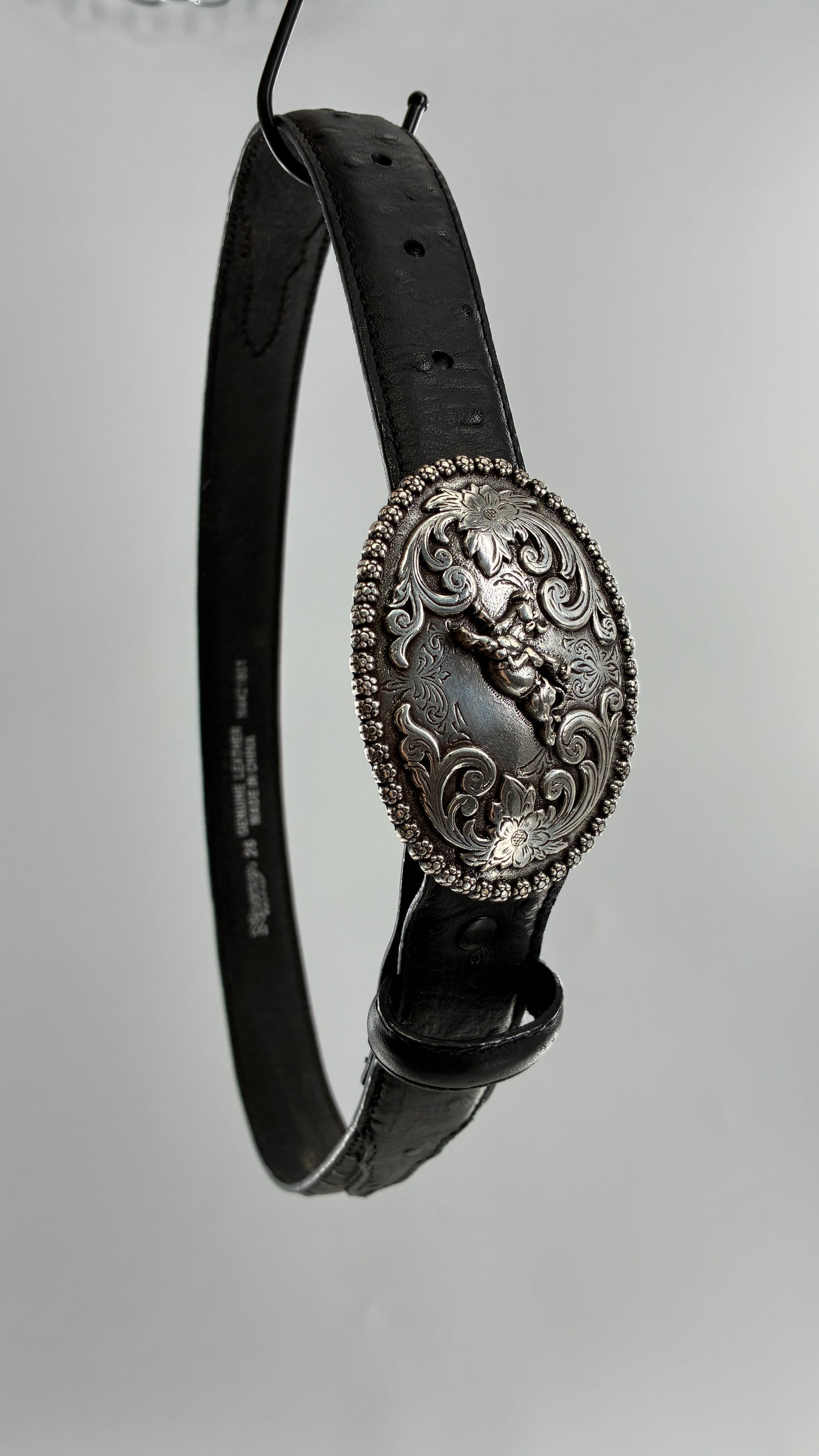 Vintage NOCONA Black Leather Western Style Belt with Oversized Engraved Cowboy Buckle (26)