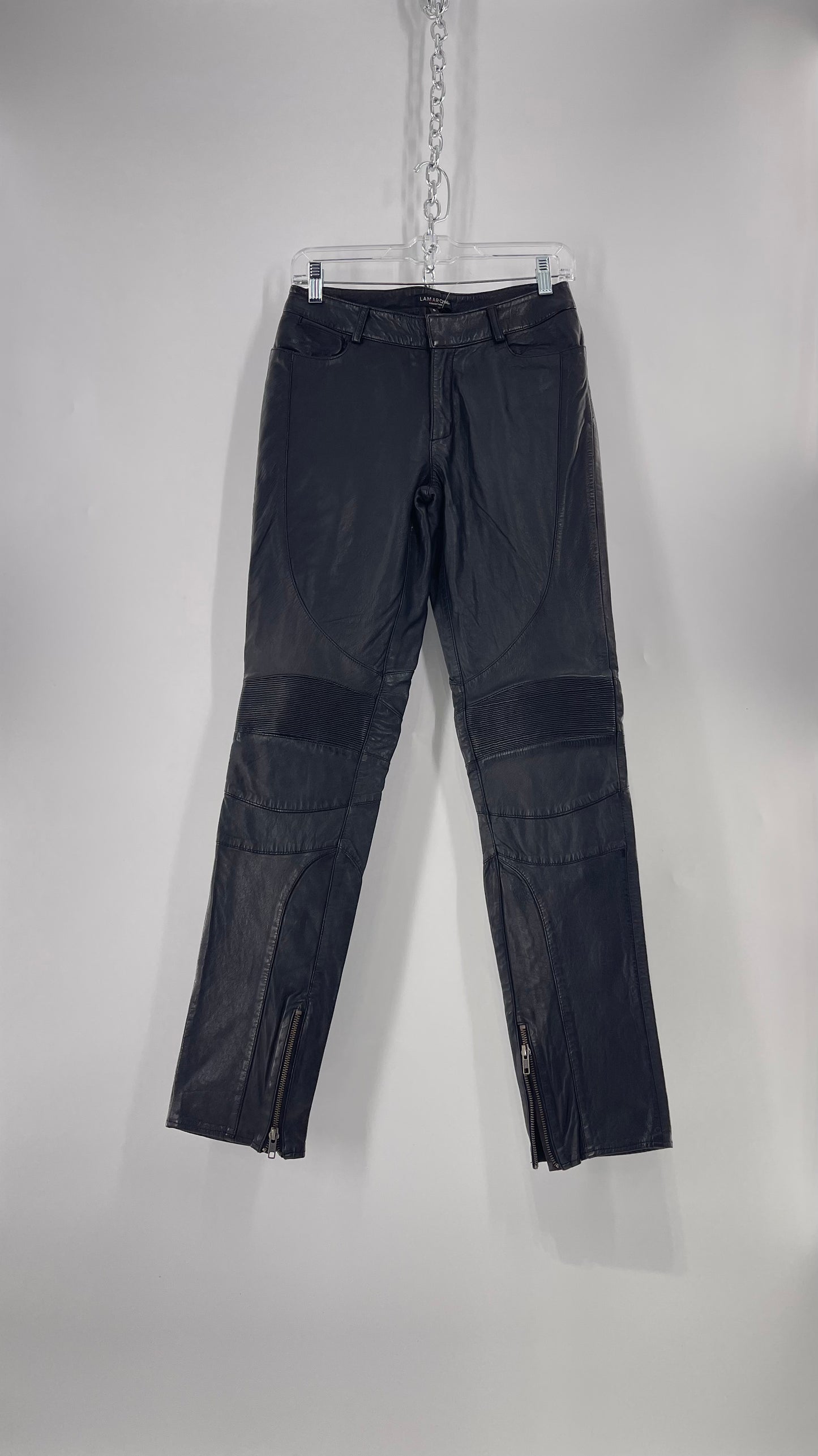 LAMARQUE 1990s Collection Vintage Black Leather Moto Style Pant with Panels, Ribbing and Zipper Details (6)