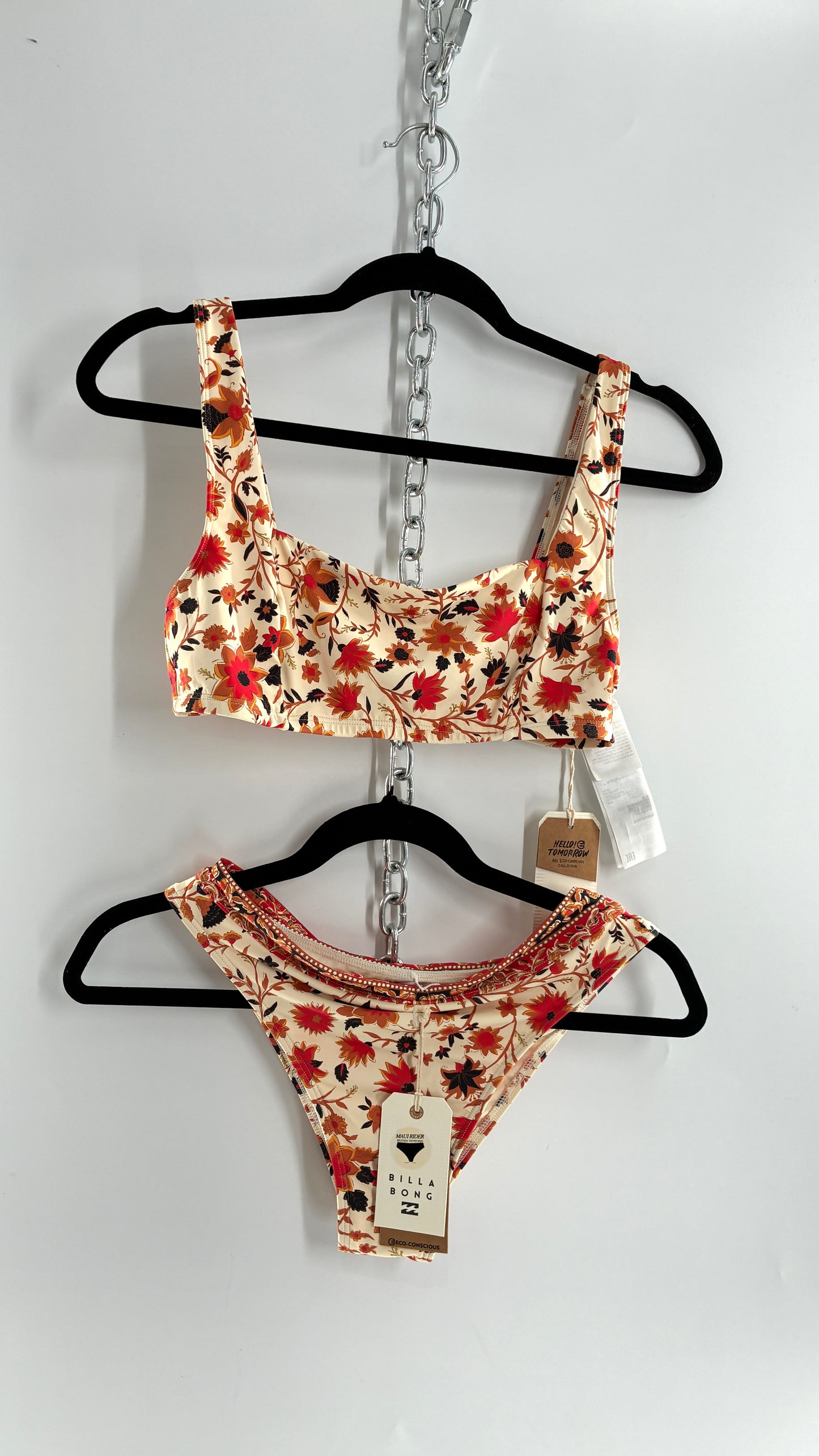 BILLABONG Orange Florals Swimsuit with Tags Attached (Medium)