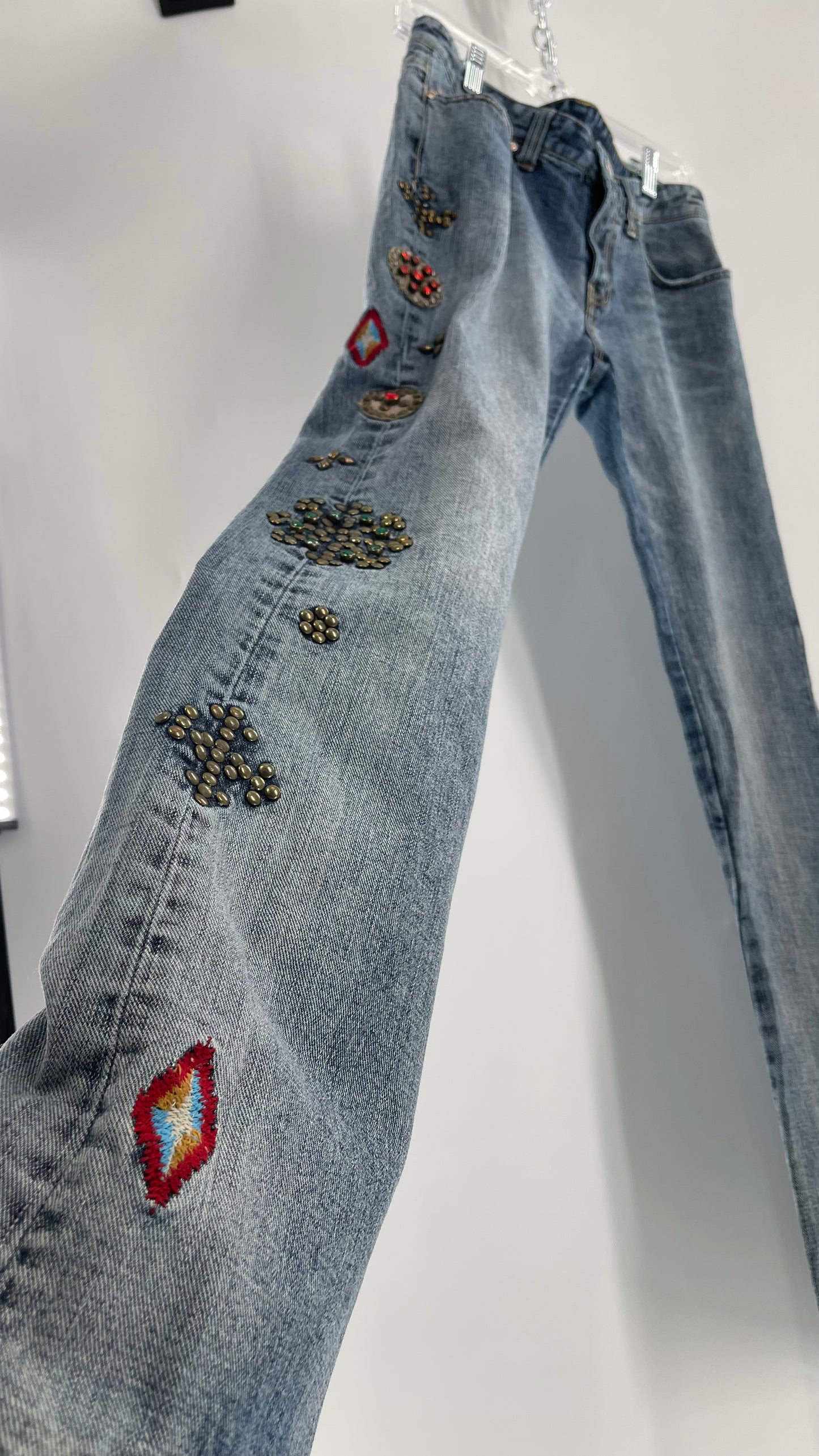 Western Denim Bank Light Wash Straight Legs with Gold/Bronze Metal Studs and Jewels (29)