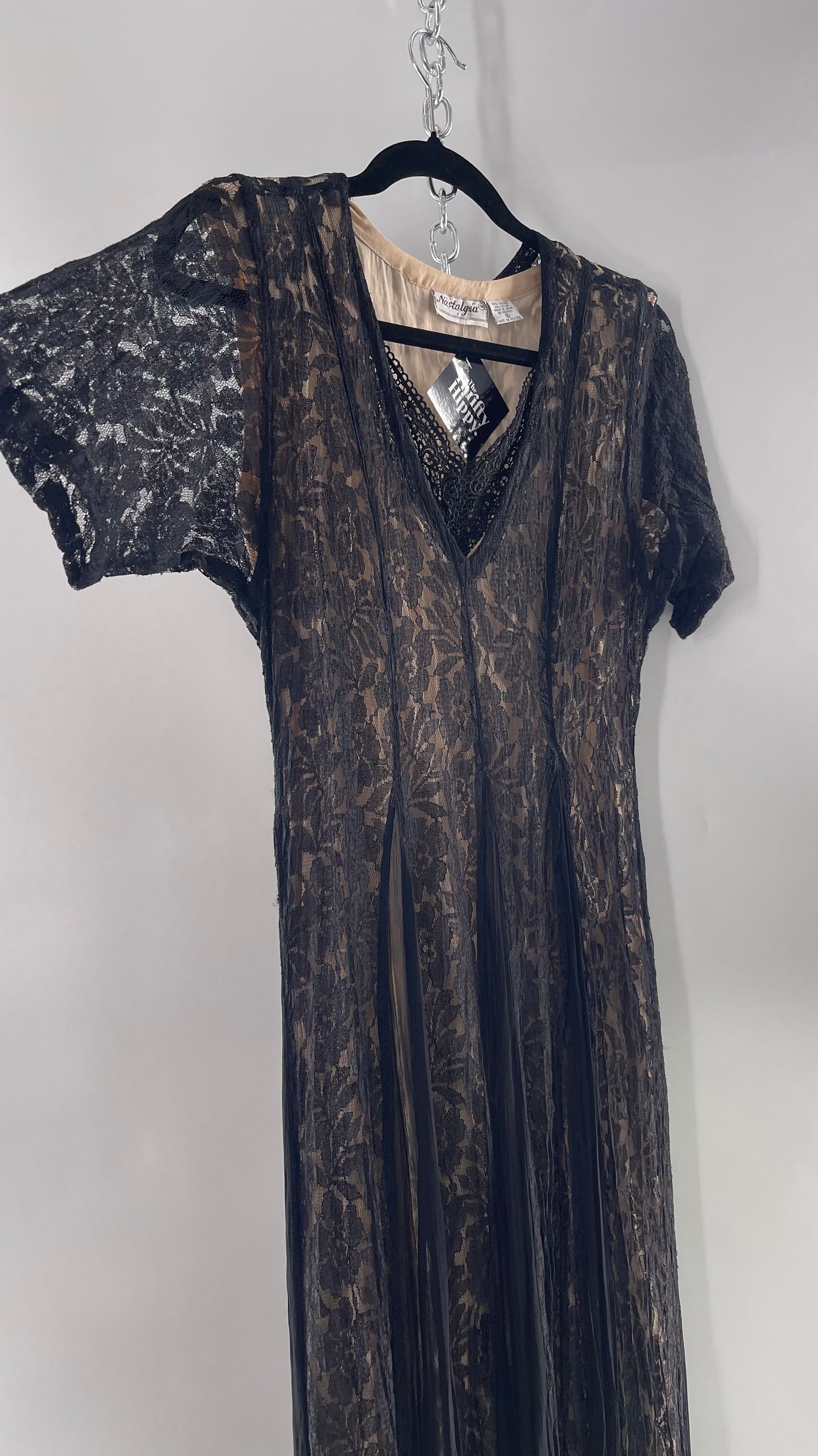 Nostalgia Vintage Black Lace Gown with Pleated Vents and Beige Underlay (Small)