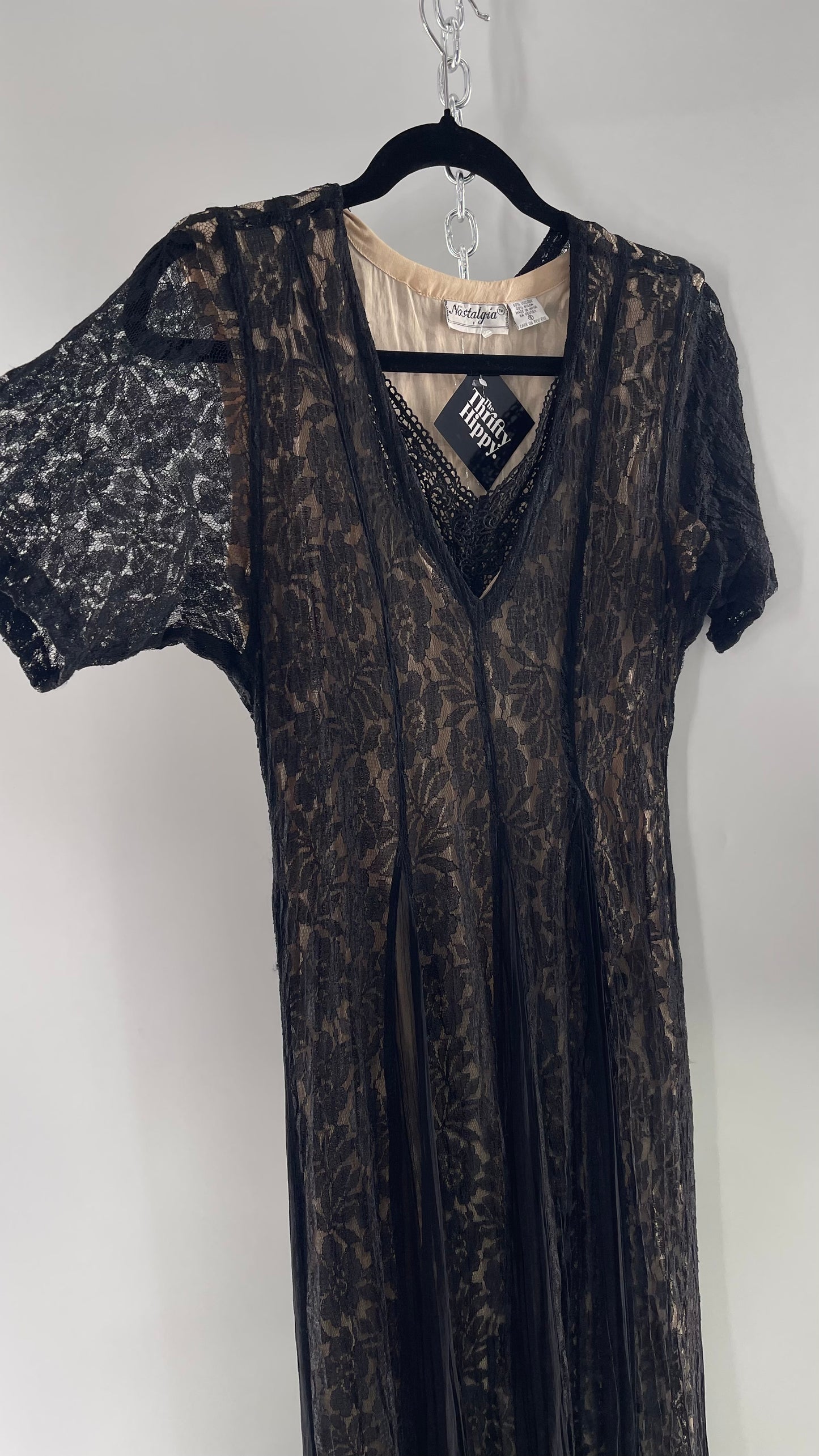 Nostalgia Vintage Black Lace Gown with Pleated Vents and Beige Underlay (Small)