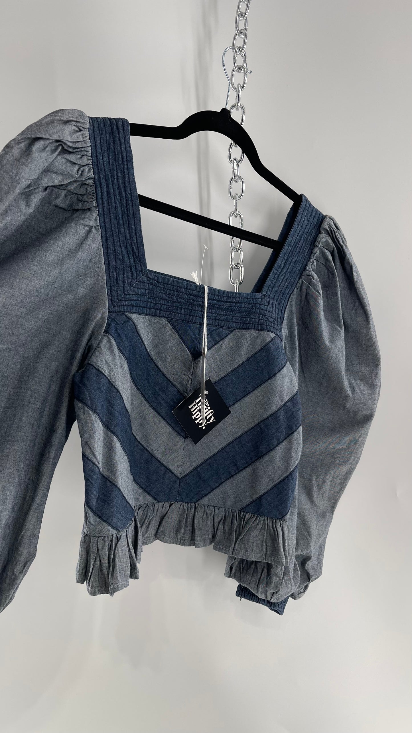 Love the Label ANTHROPOLOGIE Chambray, Chevron, Denim Smocked Blouse with Dramatic Sleeves and Tags Attached (Small)