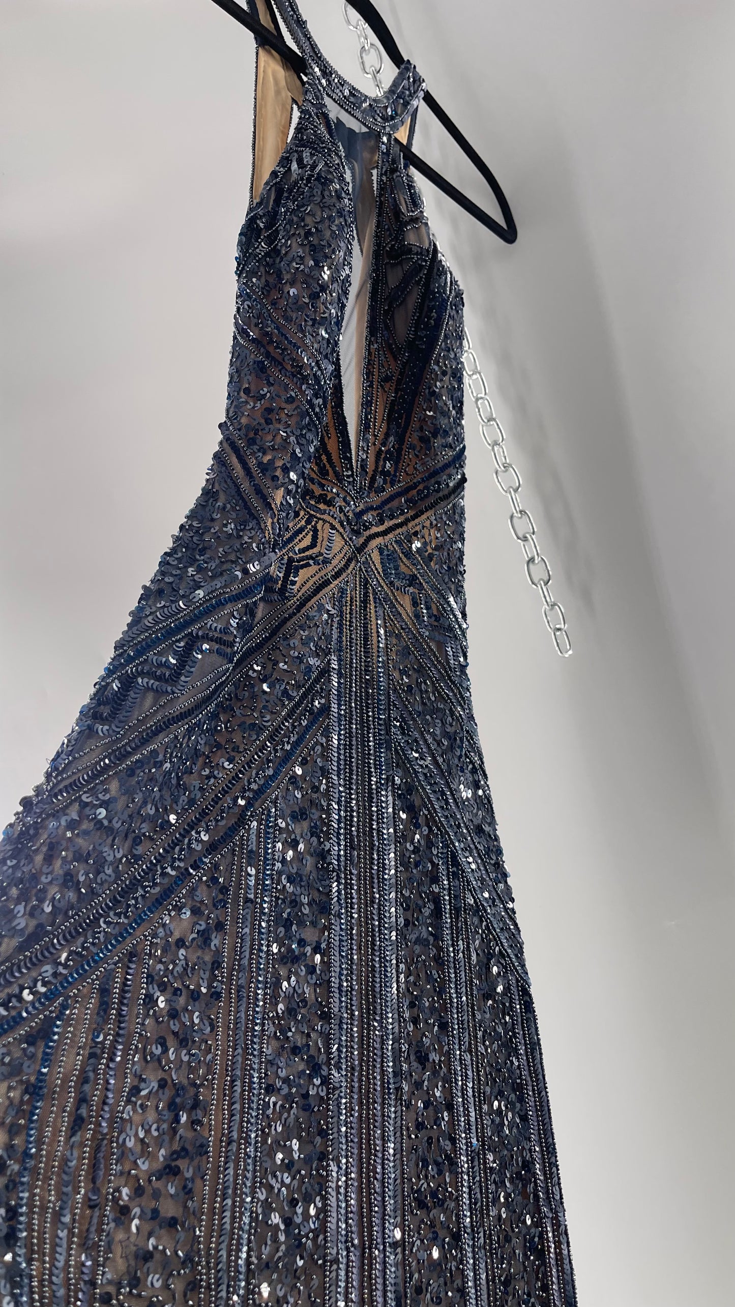 Vintage SCALA Navy Blue Beaded Floor Length Gown with Plunging Neckline, Backless Detail, and Tan Underlay (C)(4)