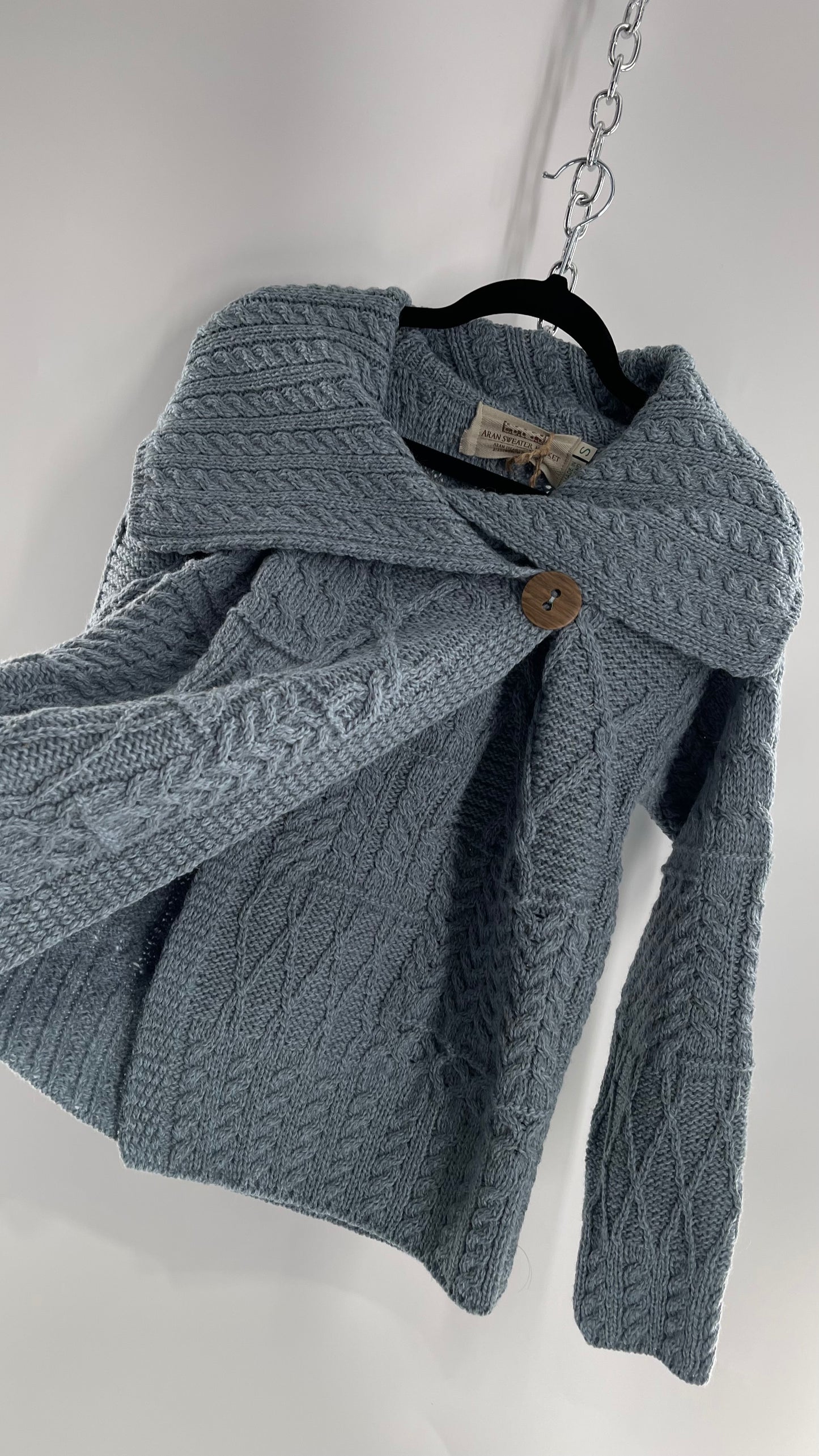 Authentic Irish Aran Sweater Market Slate Blue Aran Stitch Sweater with Oversized Wooden Button Detail and Certificate of Authenticity (Small)