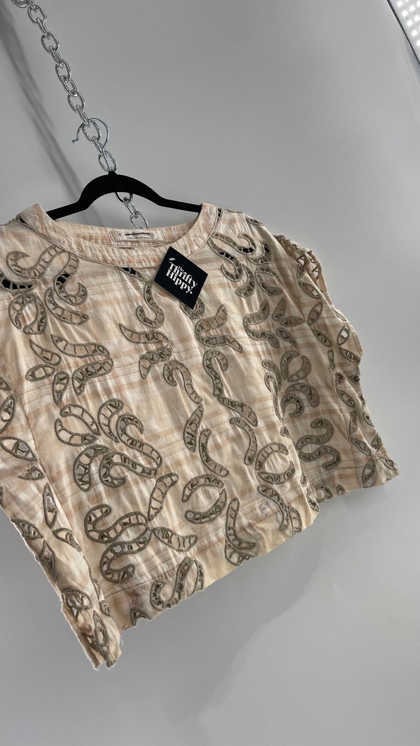 Free People 100% Cotton Plaid Blouse with Tan Embroidered Eyelet Lace Cut Outs (XS)