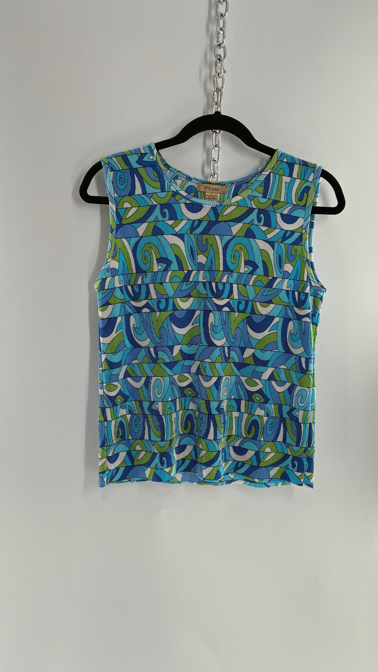 Vintage PLISSÉ Abstract Blue and Green Crimped Camisole (Large)