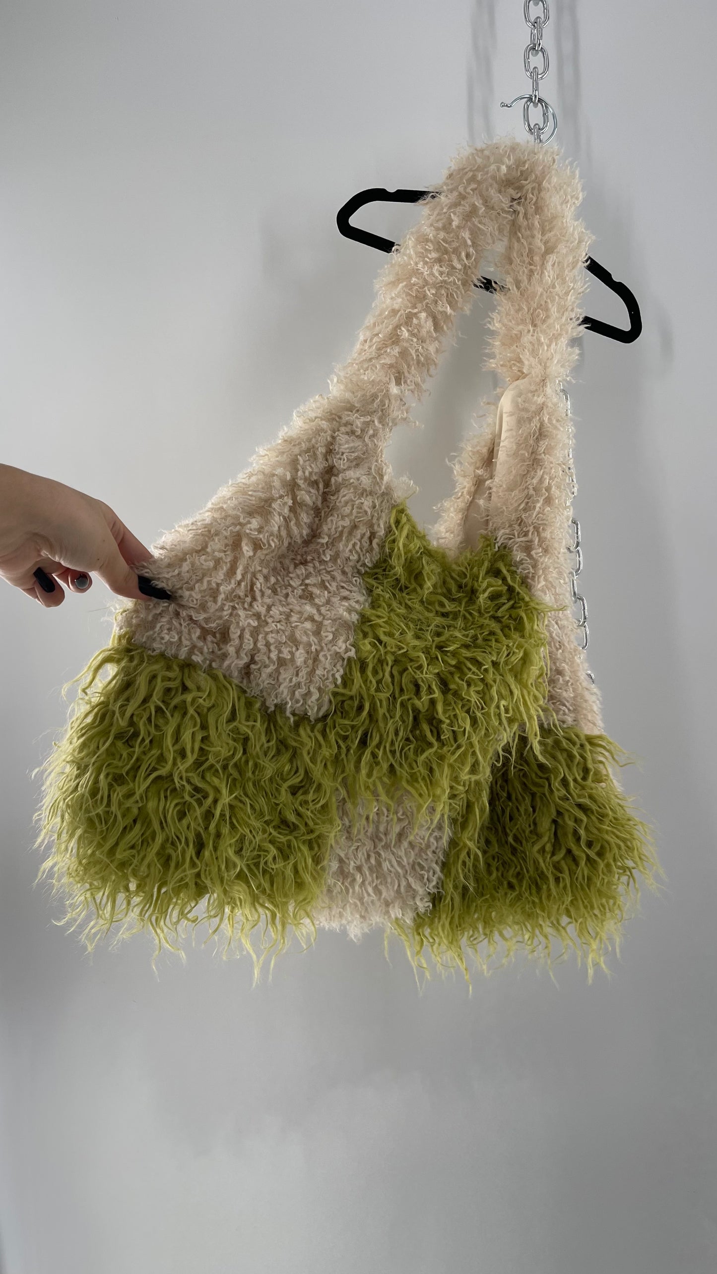 Free People Shaggy Green Beige Checkered Tote