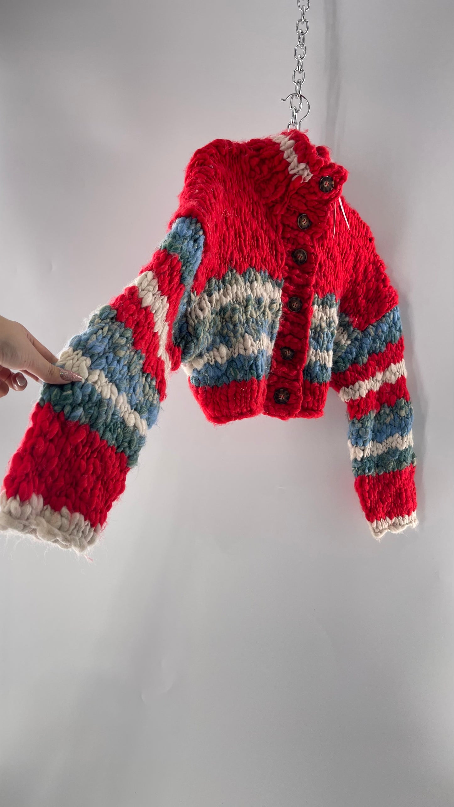 BDG Urban Outfitters Thick Knit Red White Blue Chunky Cropped Striped Cardigan (XS)