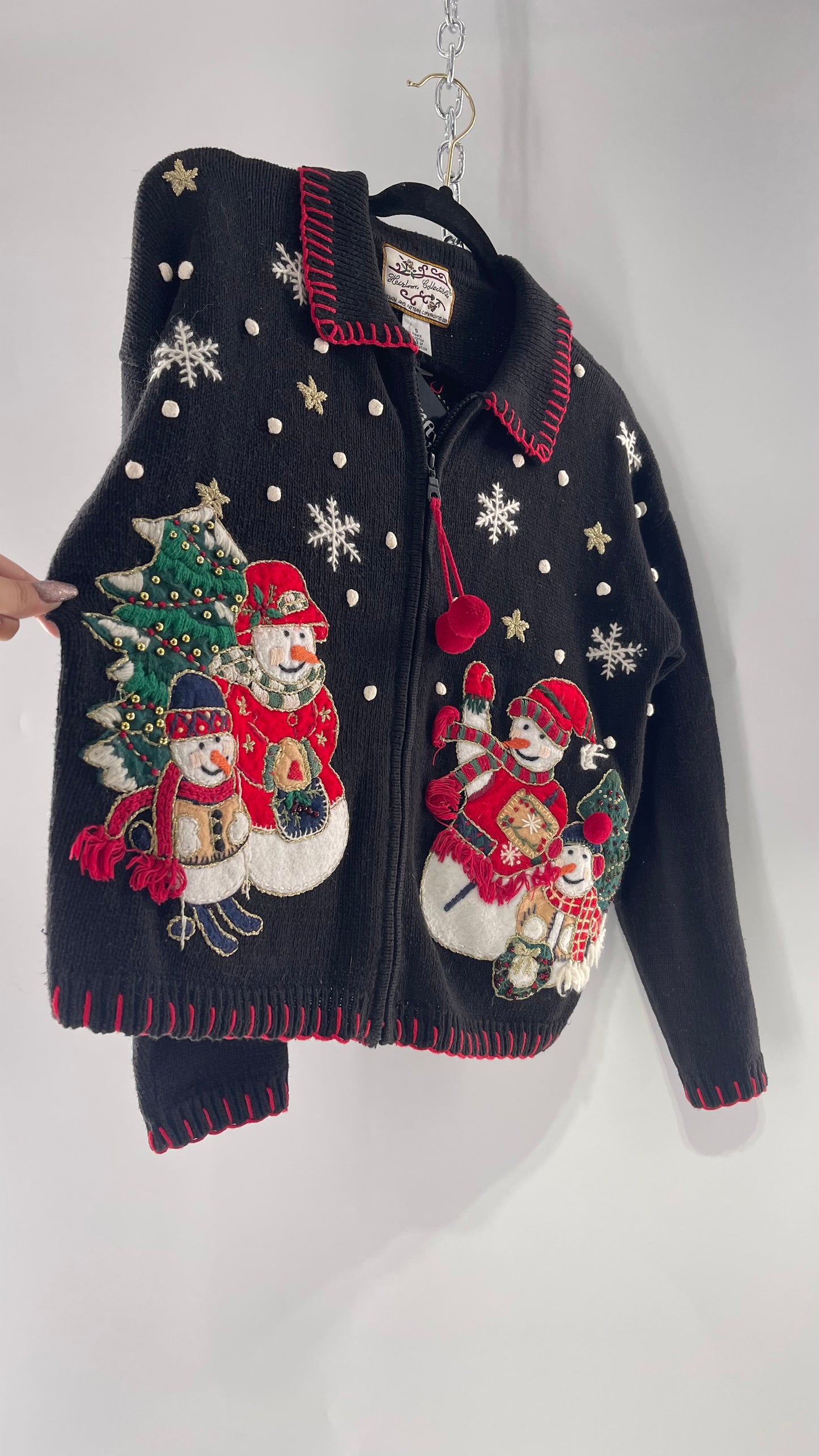 Vintage Reworked Urban Outfitters Heirloom Christmas Cardigan with Festive Snowmen Embroidery, Snowflakes, Christmas Tree and PomPom Zipper Detail (S)
