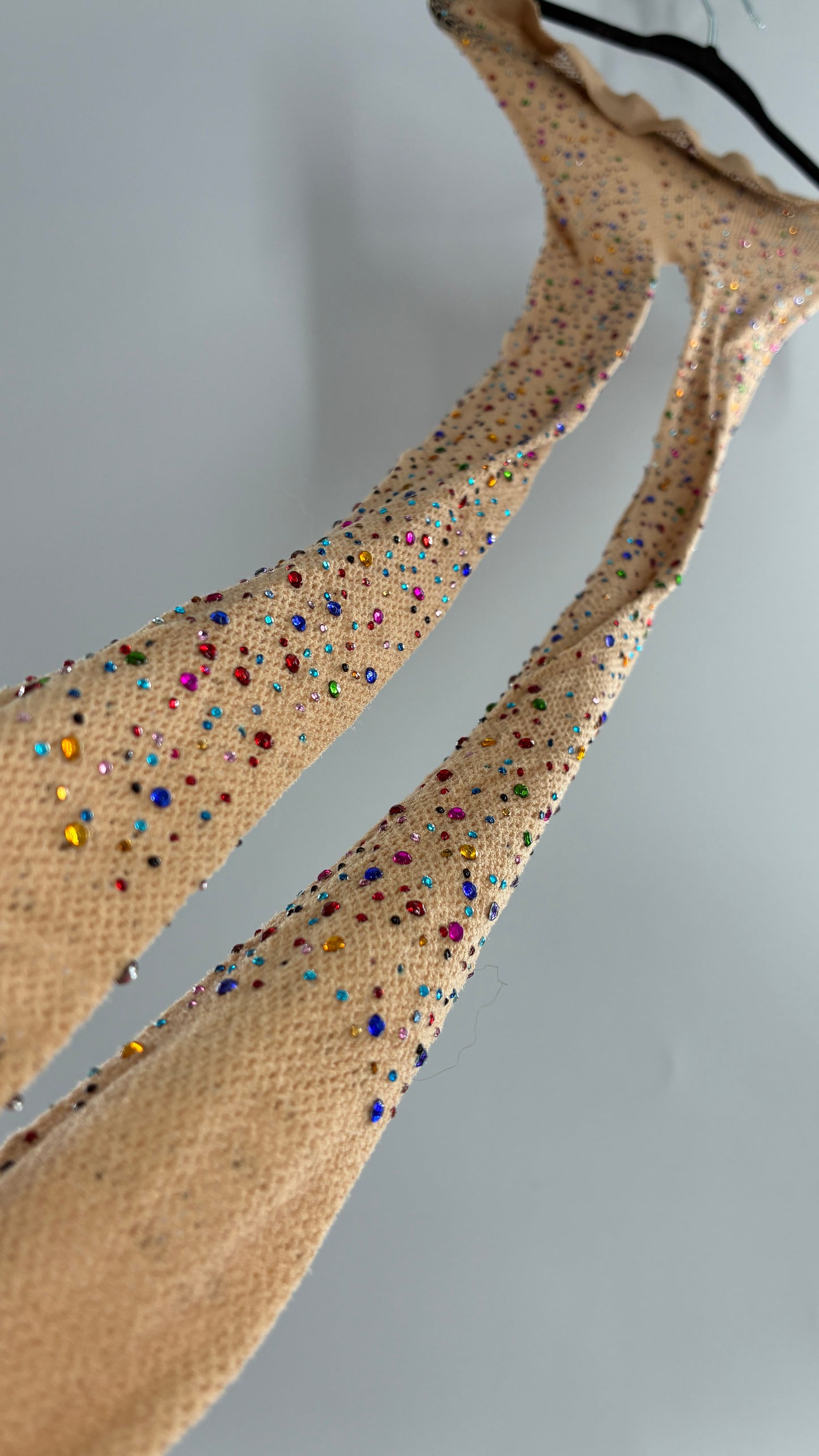 Beige Mesh Tights with All-Over Multicolored Rhinestones