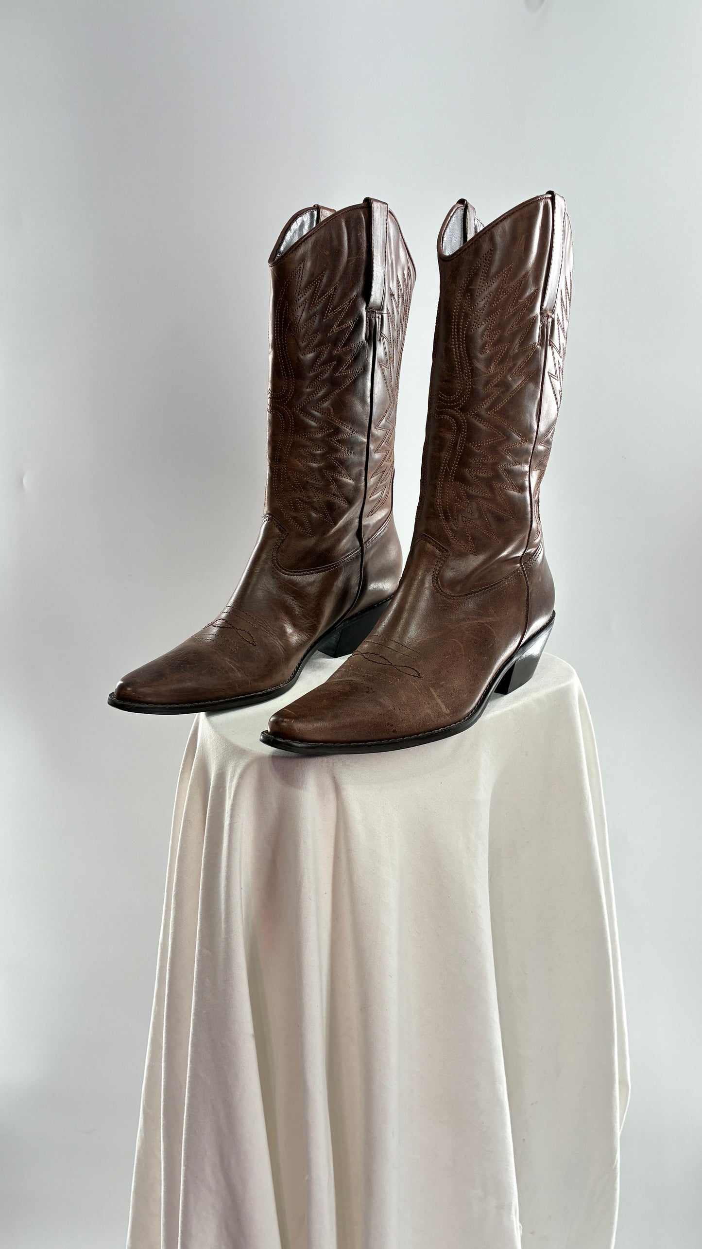 Vintage Genuine Leather Brown Cowboy Boots Made in Brazil (9.5)