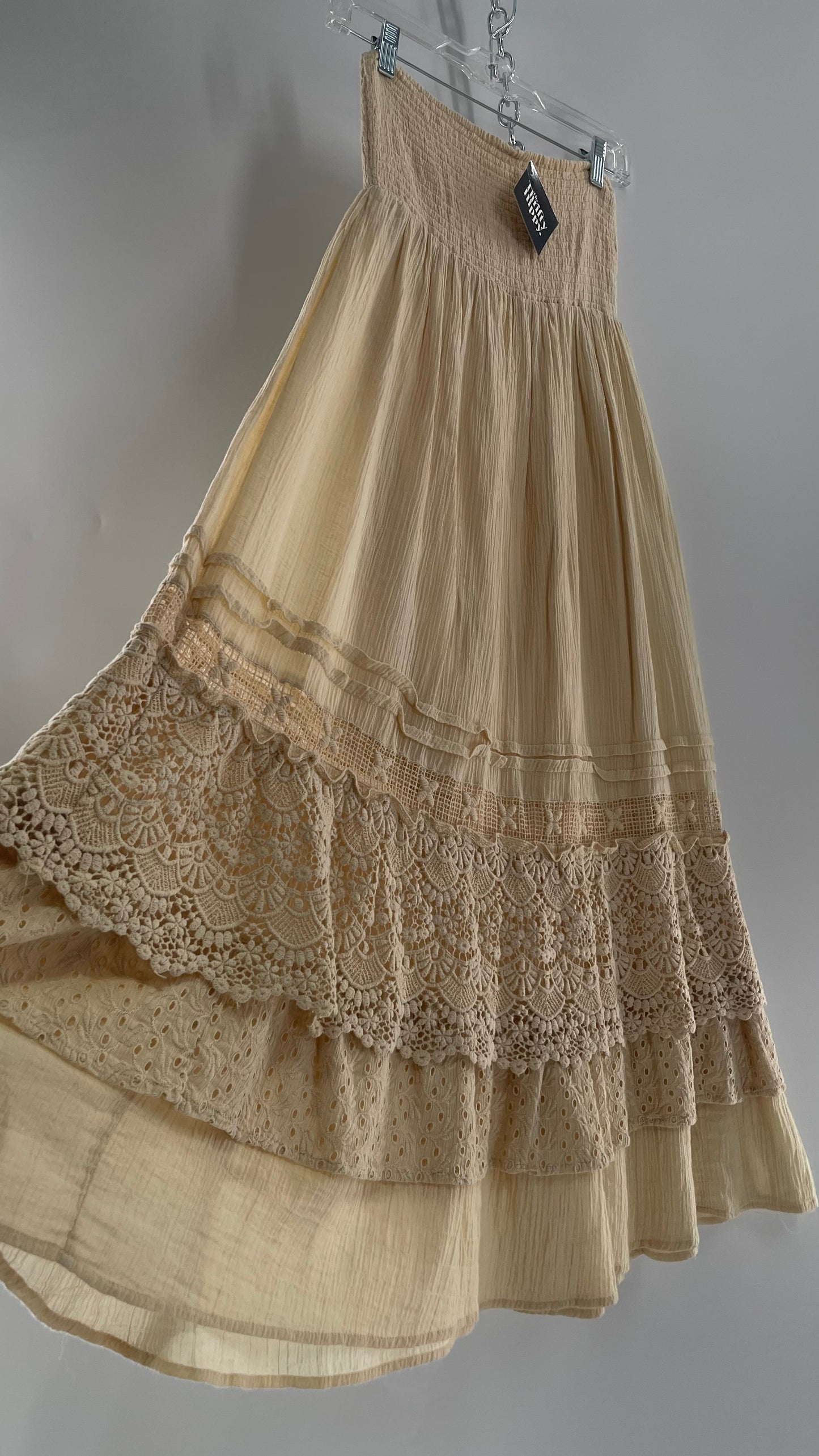 Free People Beige Gauze/Cotton Full Length Skirt Lined with Lace (XS)