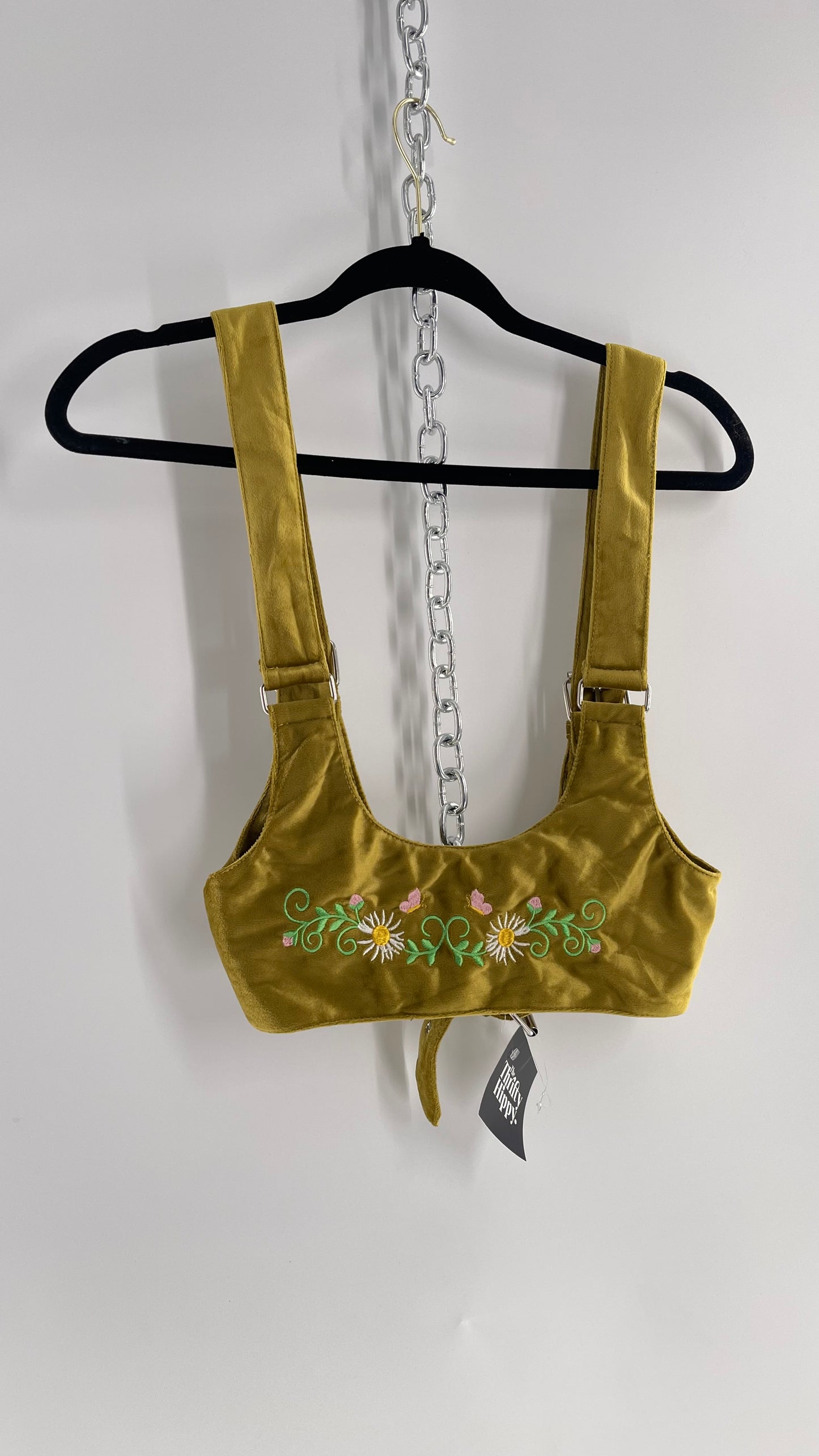Urban Outfitters Greenish Gold Velour Body Harness with Embroidered Daisies and Butterflies (Large)