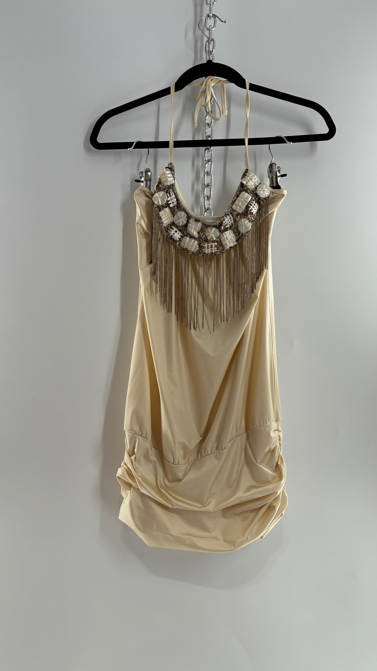 Beach Bunny Ivory Lycra Balloon Hem Mini Dress with Exaggerated, Beaded and Metal Chain Neckline (Small)