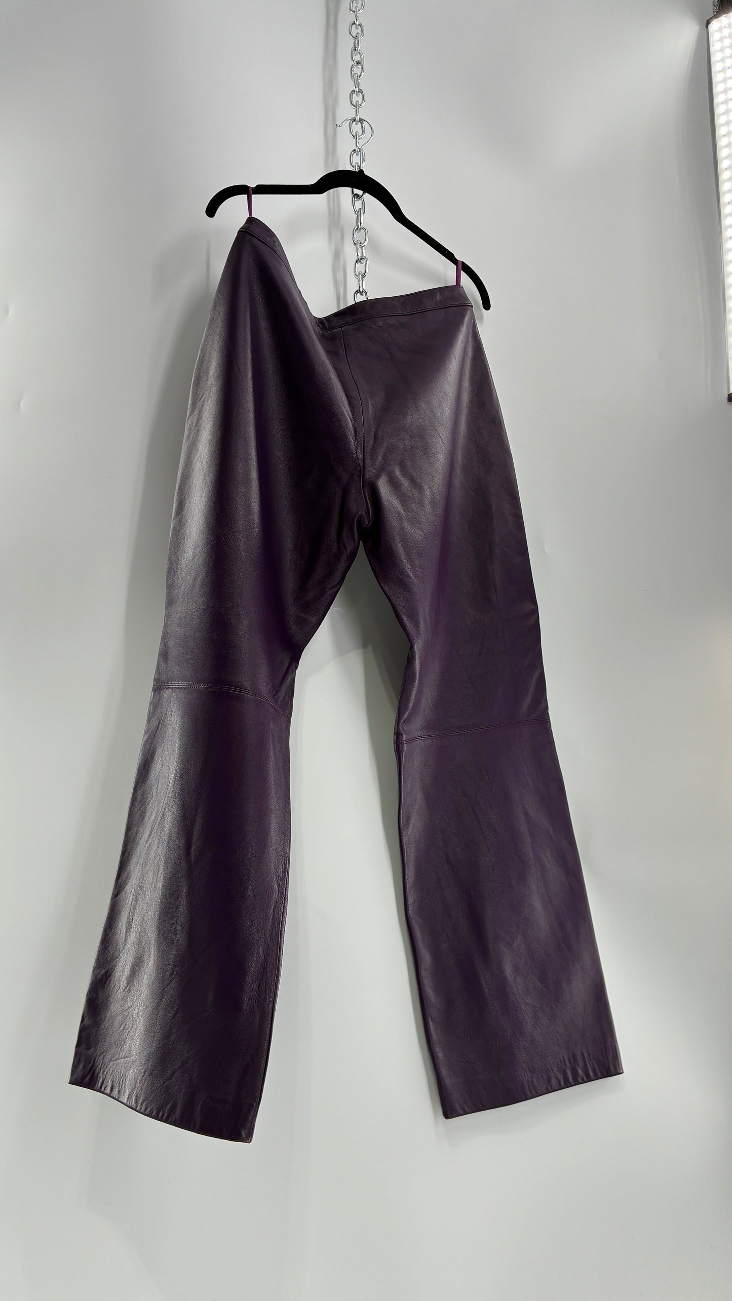 Vintage SHIN CHOI Genuine Italian Leather Purple Side Closure Low Rise Pants (12)