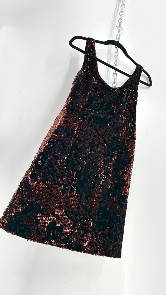 MILLY Cora Velvet, Black and Rose Gold Sequin Mini Dress with Built in Corset (4)