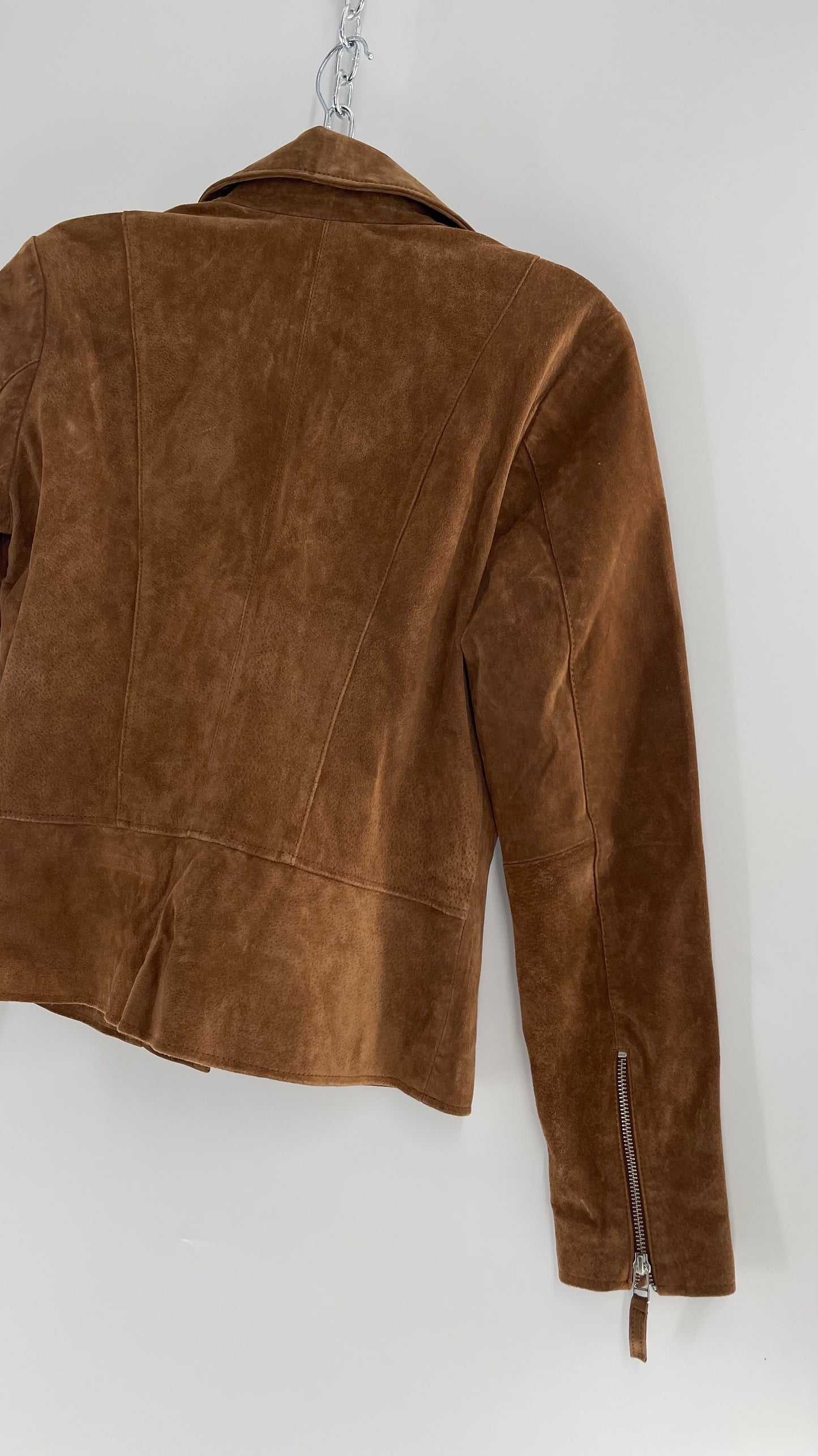 Vintage ESCALIER Brown Genuine Leather Suede Motorcycle Jacket with Heavy Duty Zippers (Medium)