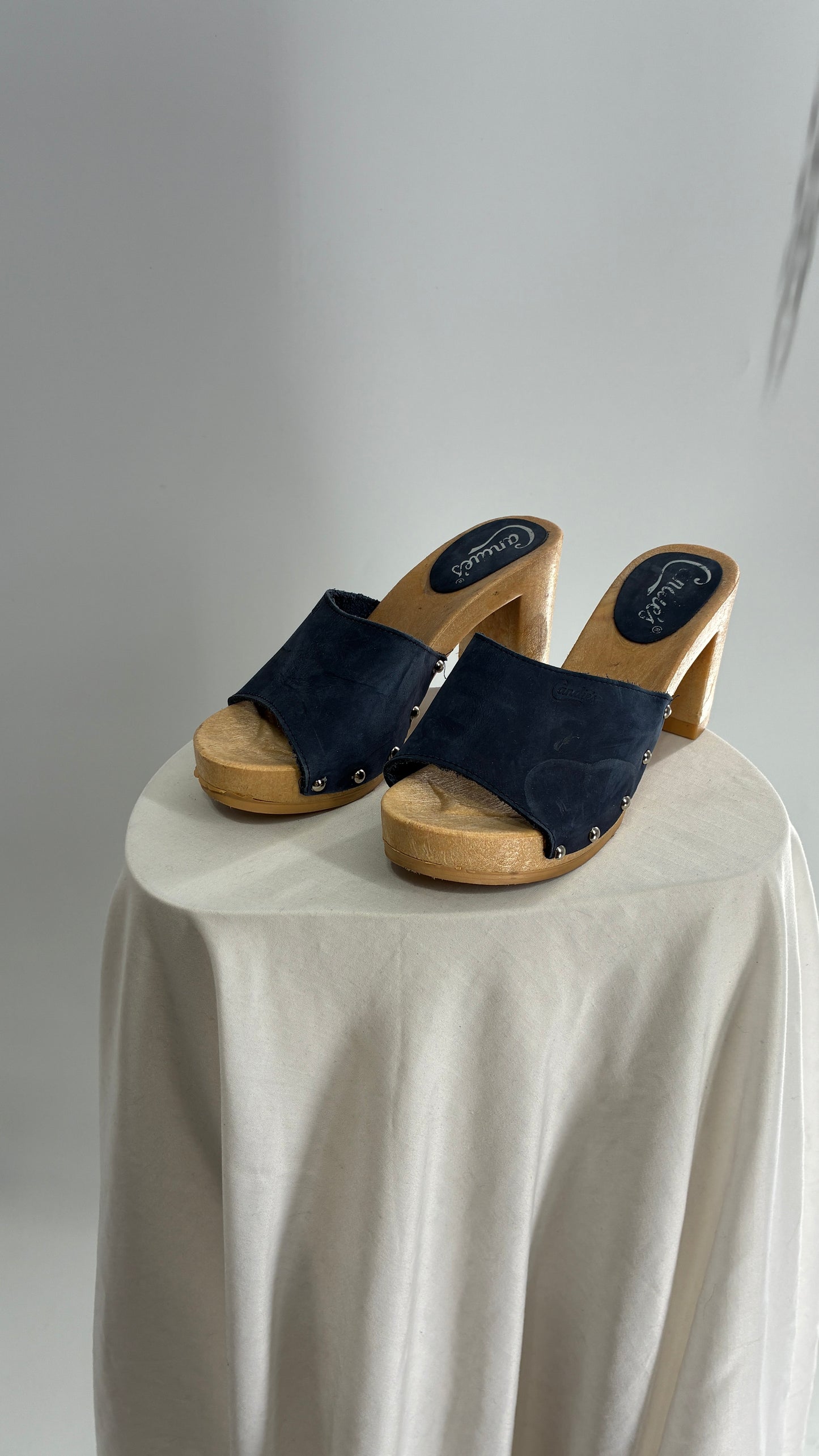 Vintage Candies 1980s Navy Blue HOT Side Studded High Heel Slides (8)