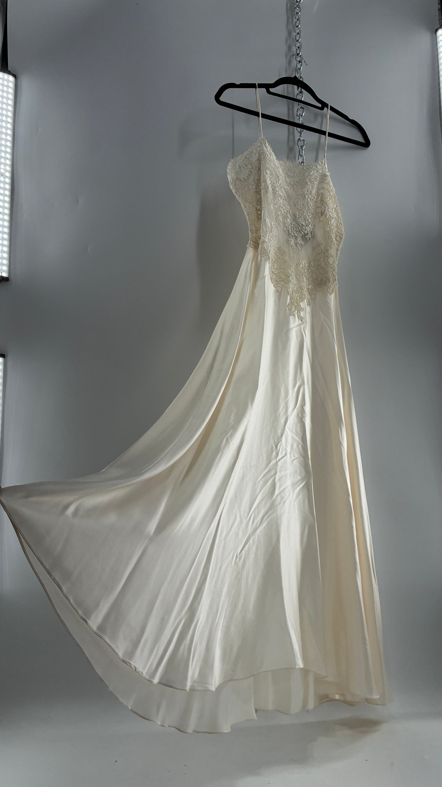 Vintage JONQUIL 100% Silk Gown with Heavy Lace Appliqués and Low Cut Sheer Back (Medium)