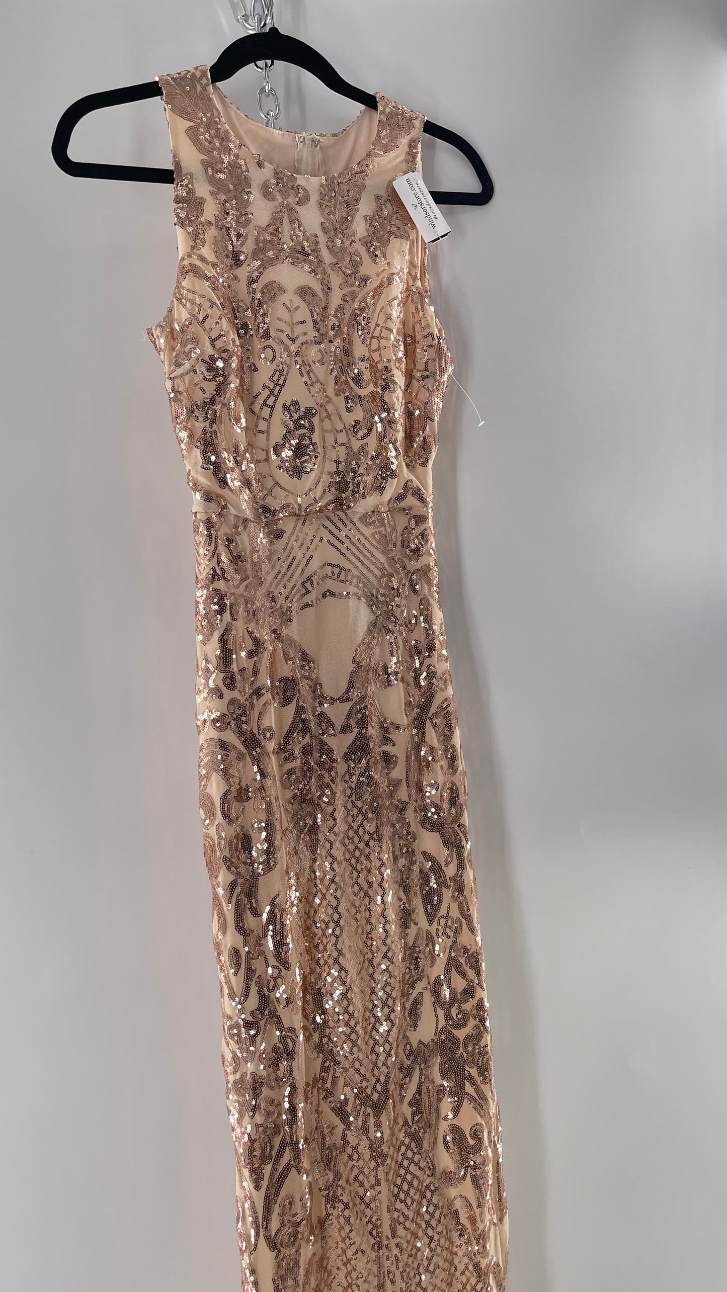 Windsor Rose Gold Sequin Maxi Dress with Side Slit Detail and Open Back (Small)