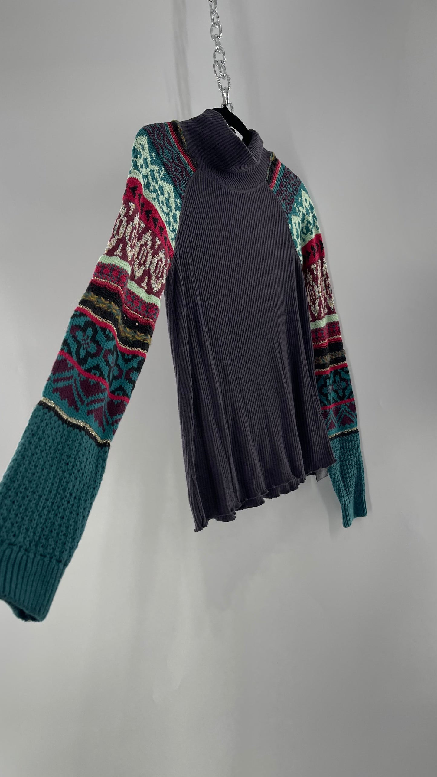 Free People Grey Cozy Knit with Colorful Patterned Knit Sleeves (Small)