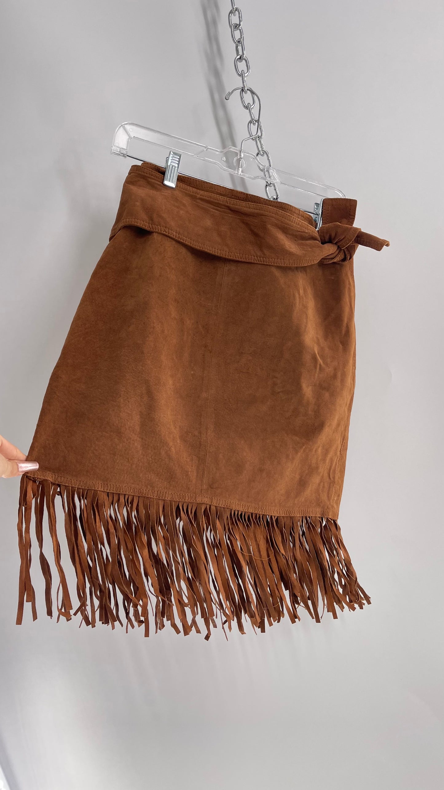 Vintage Cedars Brown Genuine Suede Leather Fringe Skirt (Medium)