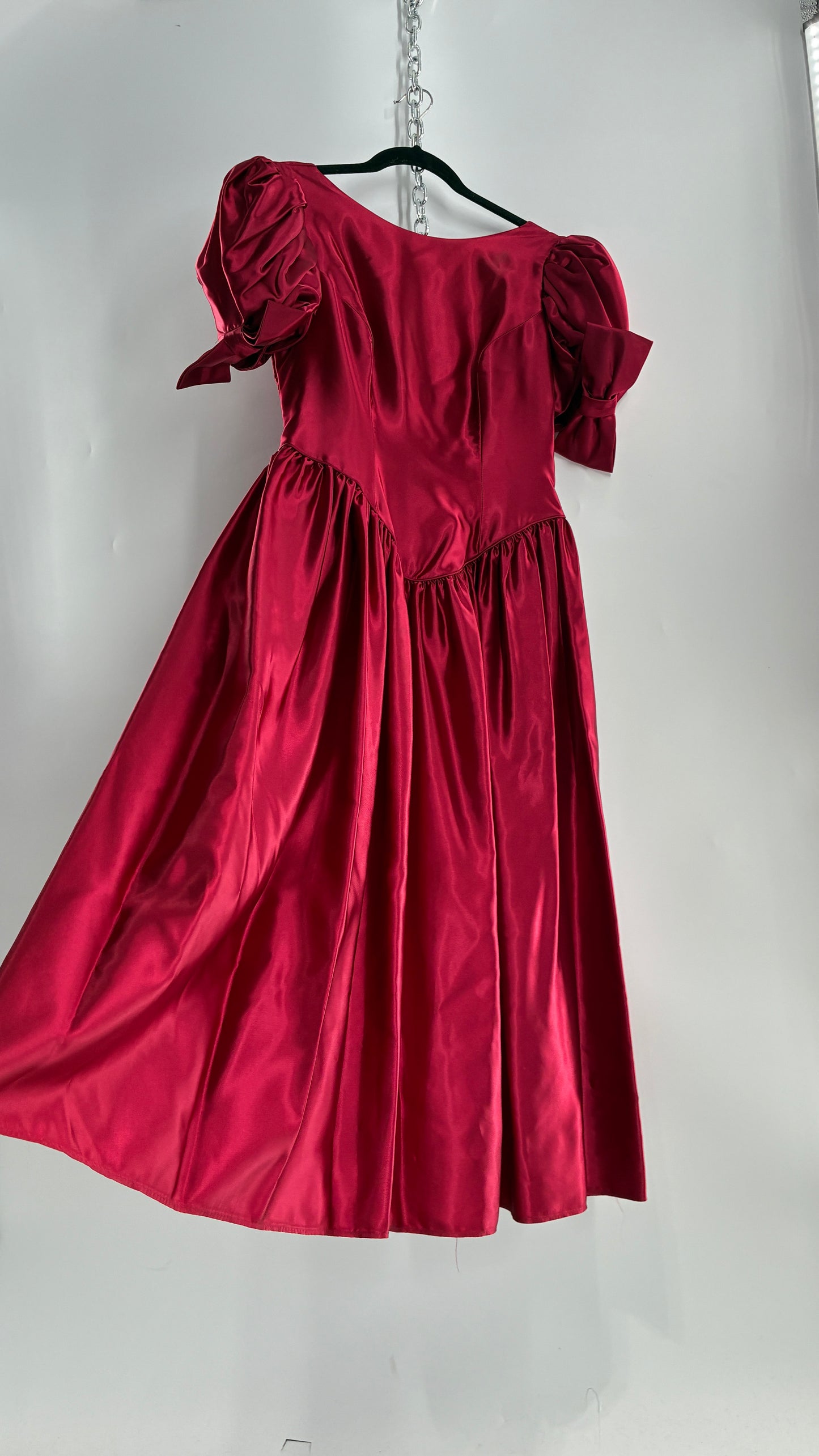 Vintage Red Silky Satin Corset Style Dress with Sweetheart Neckline, Puff Sleeves, Oversized Bow Bum, Open Back and Draping Pearls (10P)